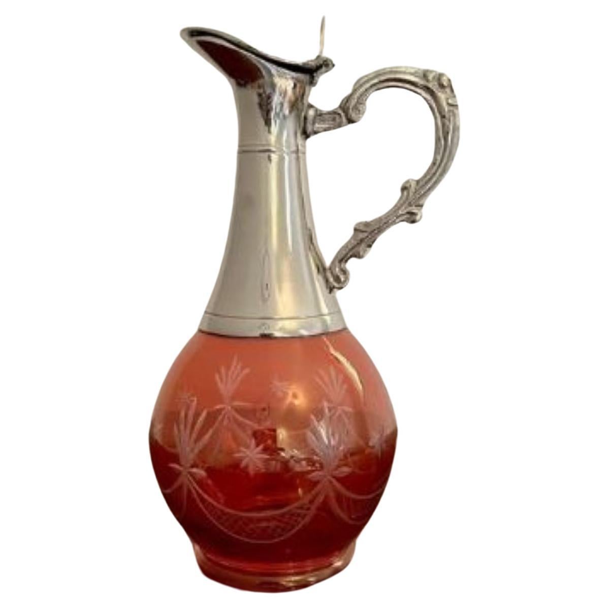 Superb antique Edwardian cranberry glass wine decanter For Sale