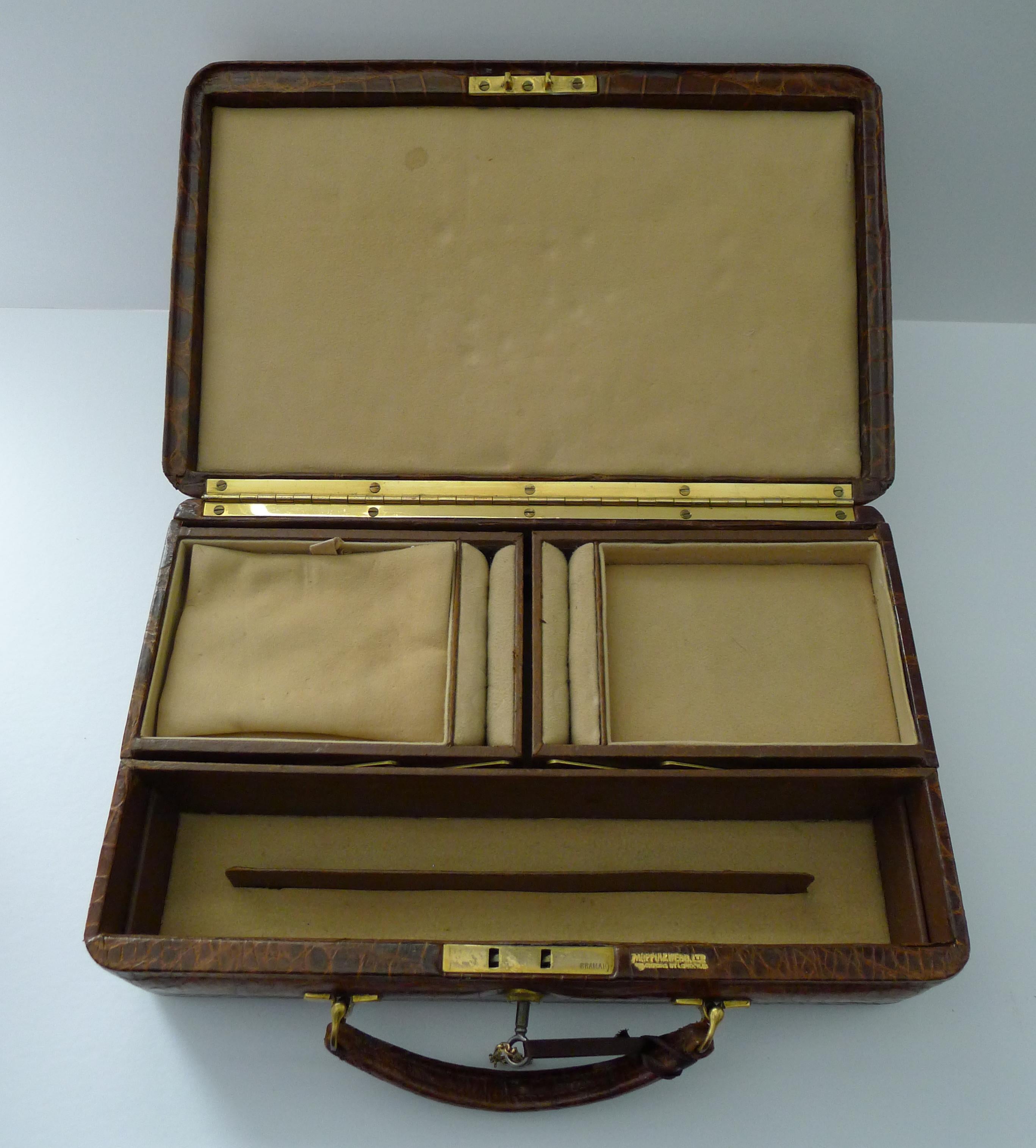 Early 20th Century Superb Antique English Crocodile Jewelry Box by Mappin & Webb For Sale