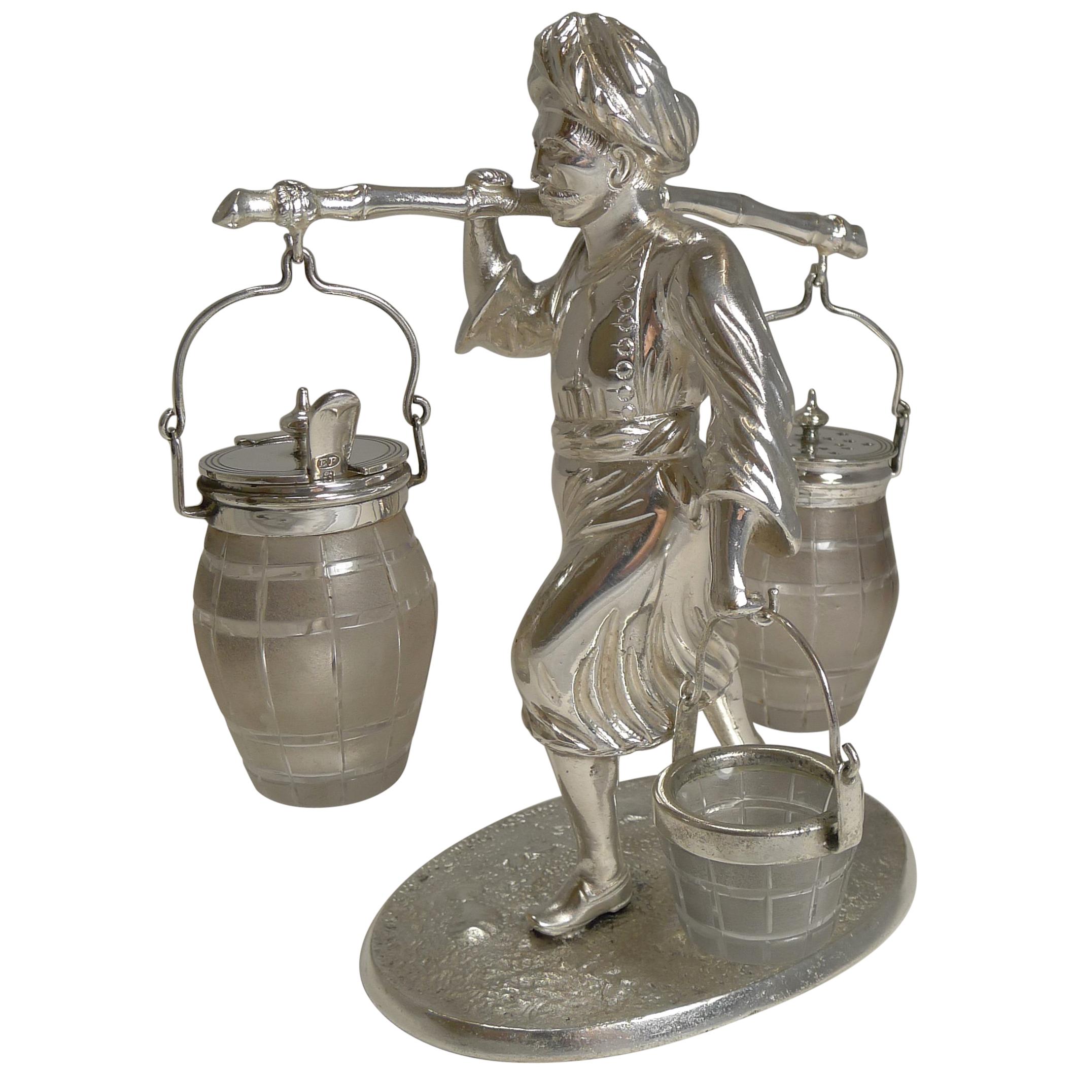 Superb Antique English Figural Table Cruet, Asian Man, Registered, 1871