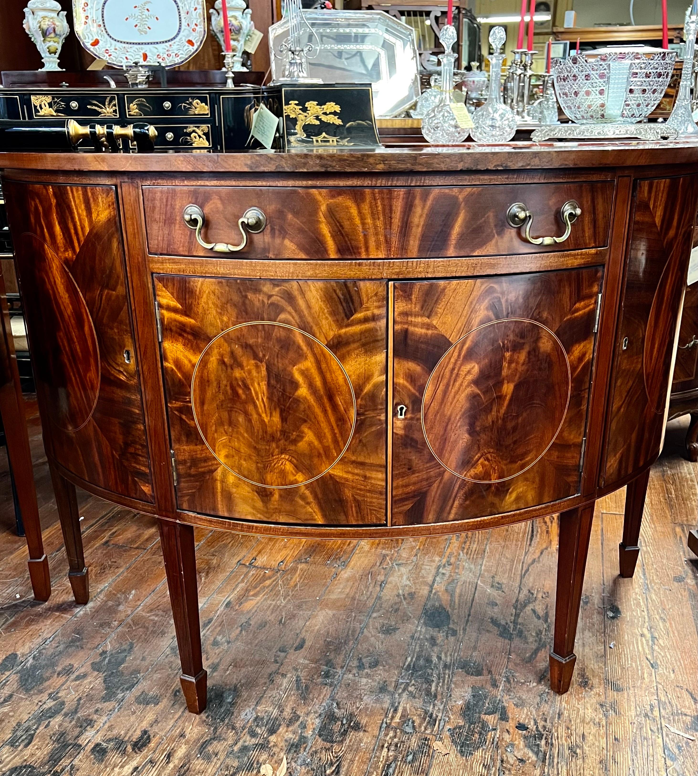 Hand-Crafted Superb Antique English Inlaid Flame Mahogany Demilune Hepp. Style Sideboard