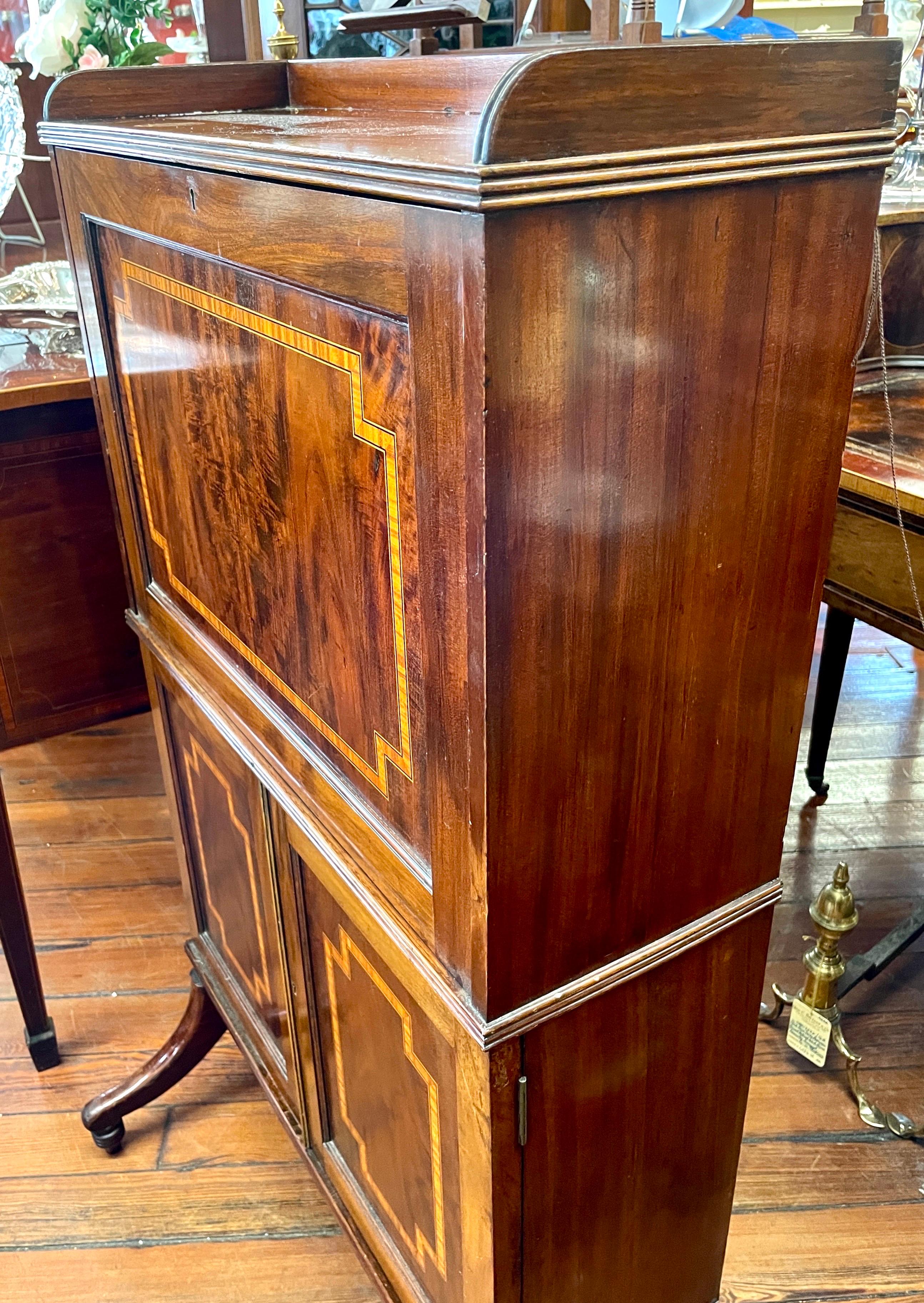 Leather Superb Antique English Inlaid Mahog. Secretaire a' Abbatant or Bonheur du Jour For Sale