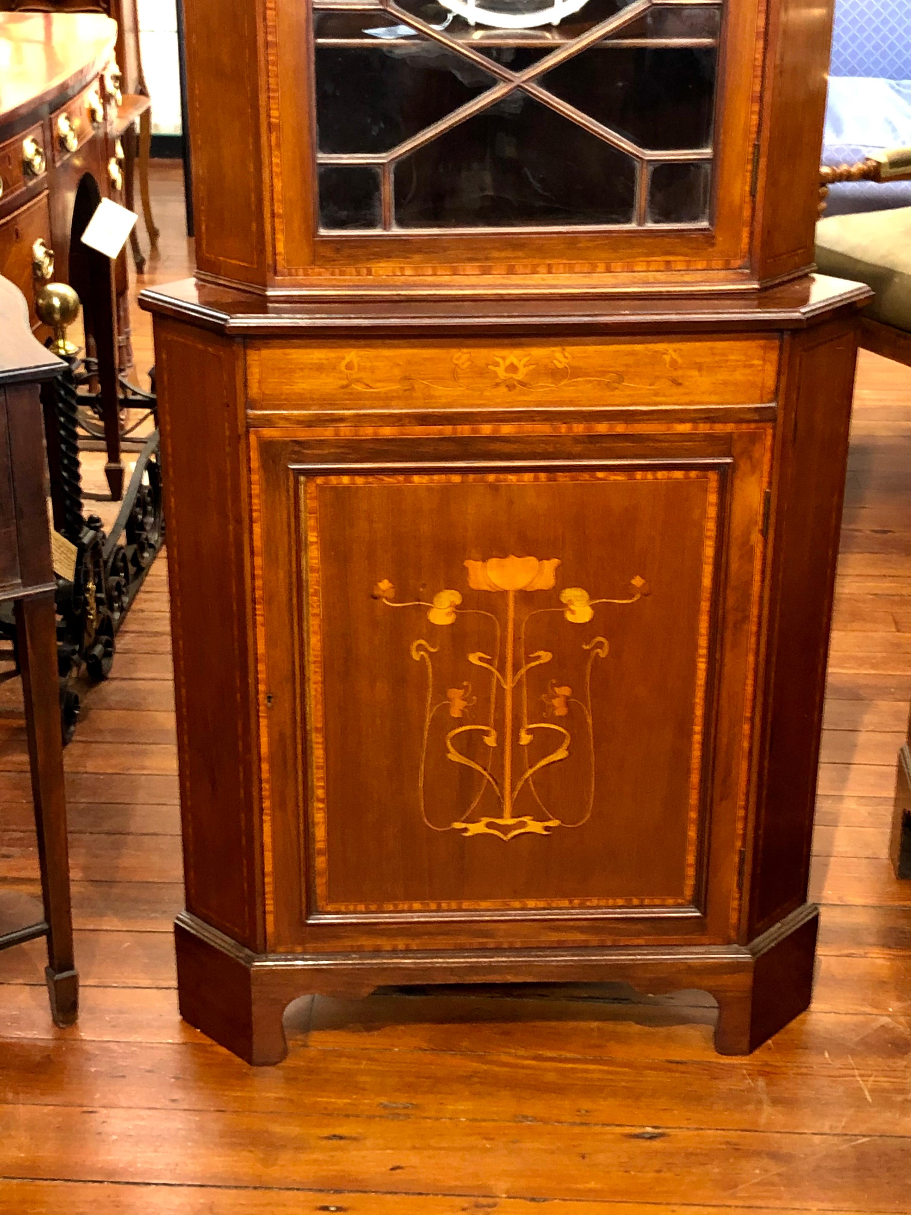 Hand-Crafted Superb Antique English Marquetry Inlaid Art Nouveau Mahogany Corner Cabinet For Sale