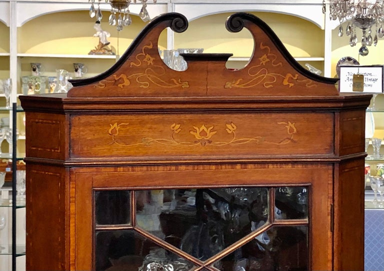 19th Century Superb Antique English Marquetry Inlaid Art Nouveau Mahogany Corner Cabinet For Sale