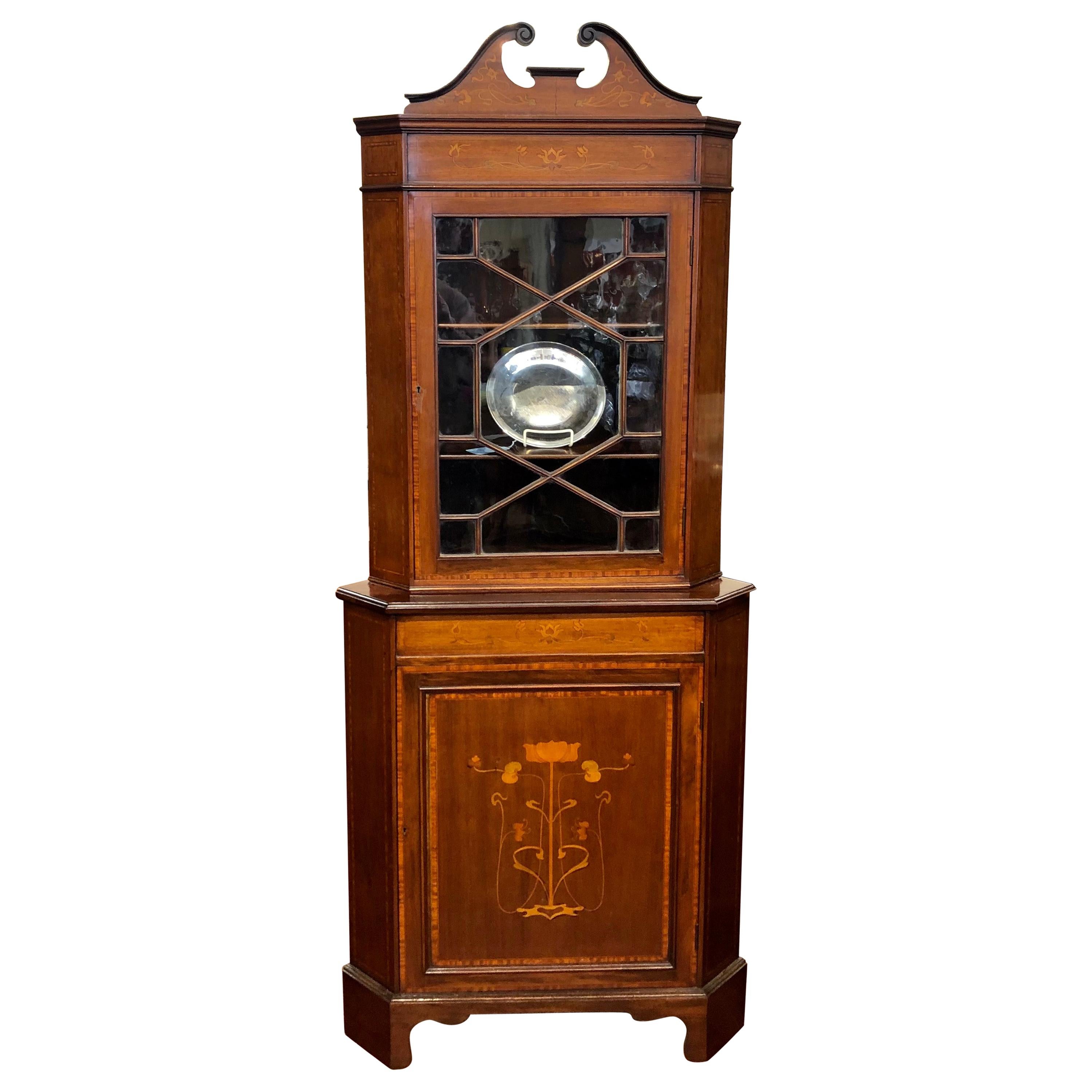 Superb Antique English Marquetry Inlaid Art Nouveau Mahogany Corner Cabinet For Sale