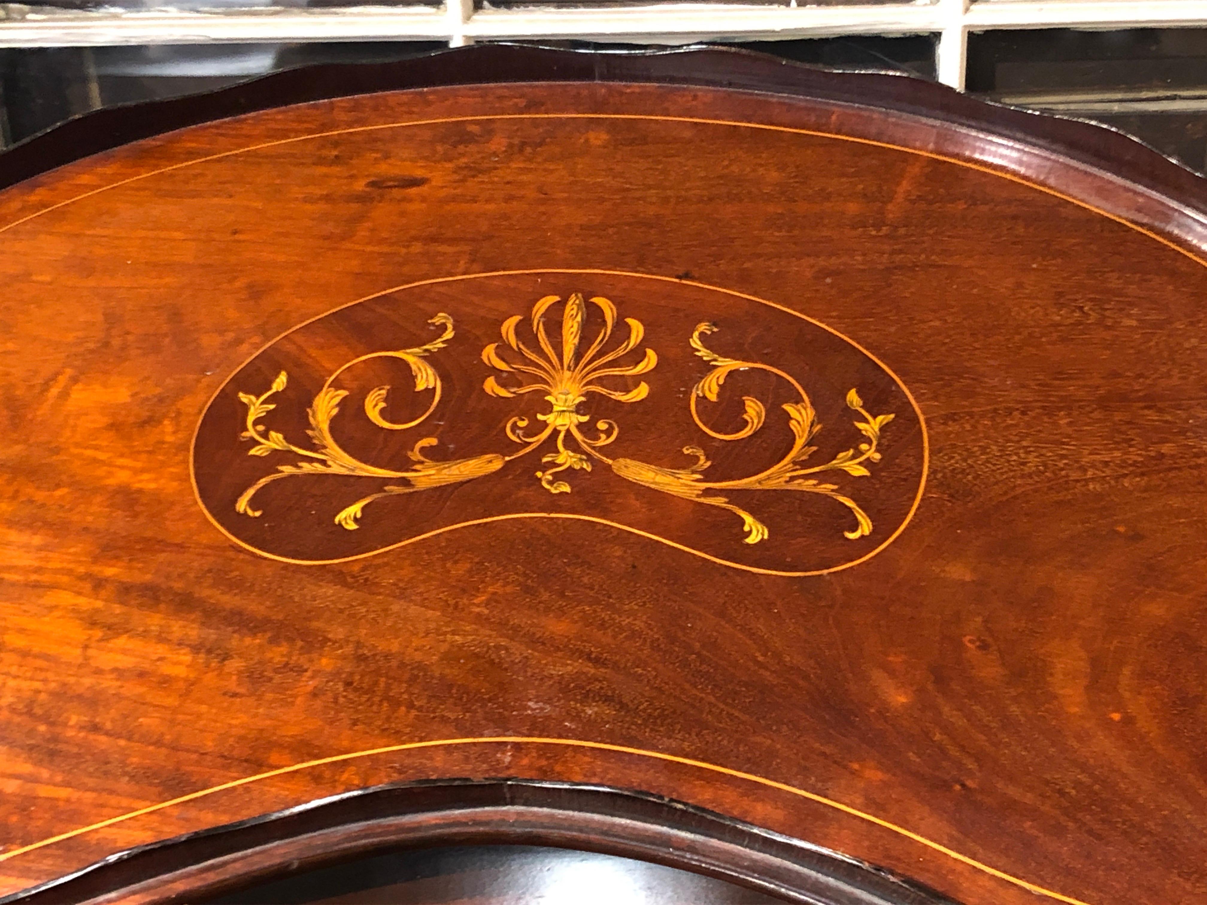 Georgian Superb Antique English Marquetry Inlaid Mahogany Kidney Shape Tray w/Handles For Sale