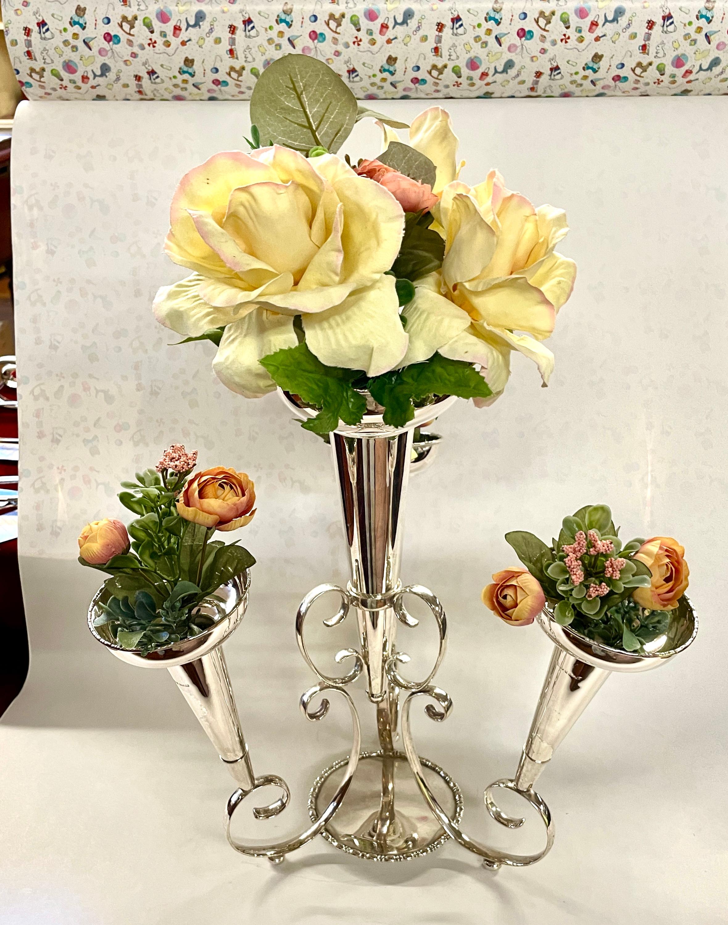 A Superb Antique English Sheffield Silver Plate Four-Tube Floral Epergne Centerpiece.  The tubes are removable and the base and each tube has a handsome applied 