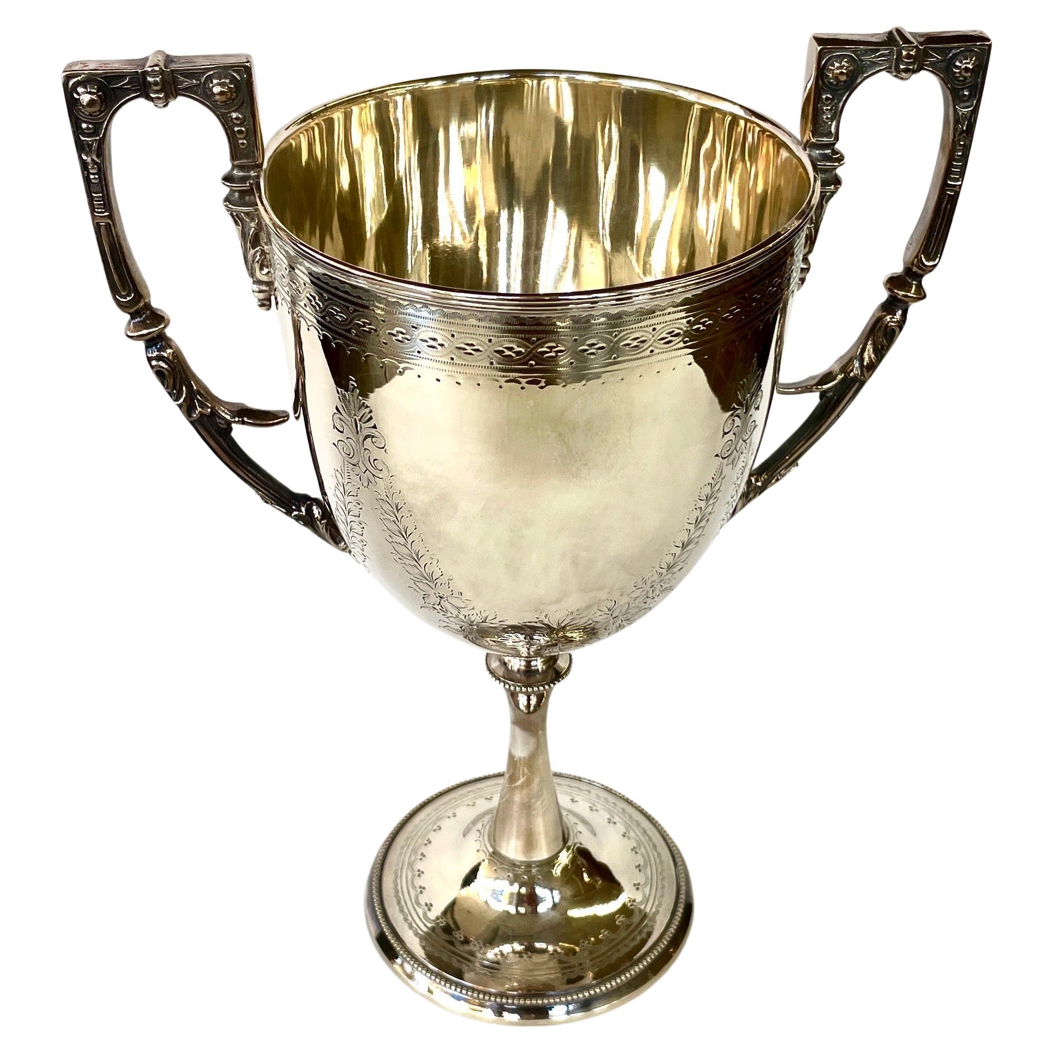Superb Antique English Sheffield Silver Plate Hand Engraved 2-Handle Loving Cup For Sale
