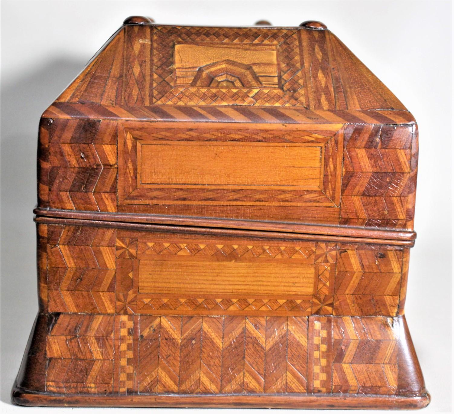 Softwood Superb Antique Folk Art Parquetry Casket Styled Writing Box or Lap Desk For Sale