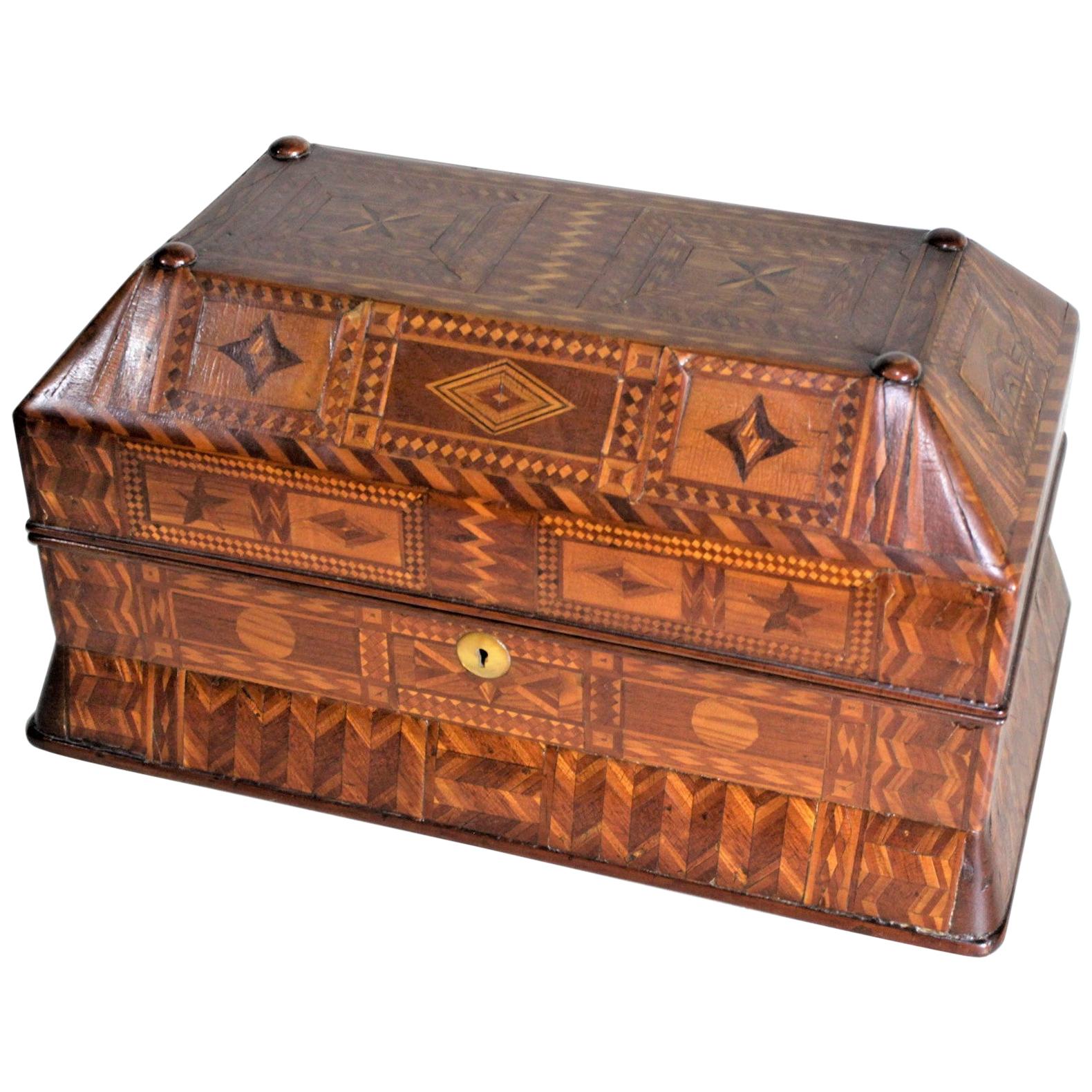 Superb Antique Folk Art Parquetry Casket Styled Writing Box or Lap Desk