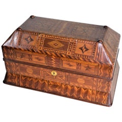 Superb Vintage Folk Art Parquetry Casket Styled Writing Box or Lap Desk