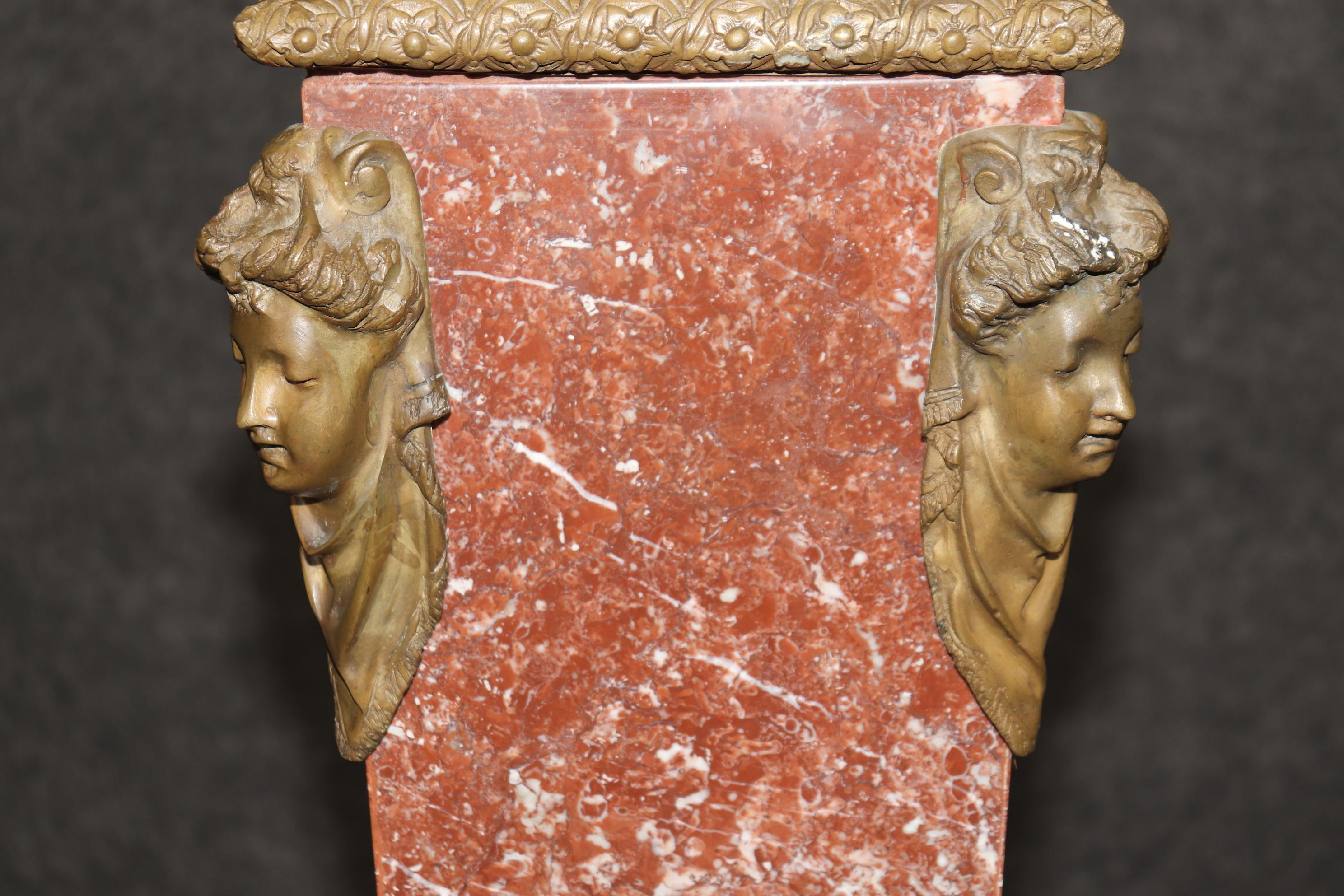 Superb Antique French Louis XV Rouge Marble and Figural Bronze Maiden Pedestal For Sale 5