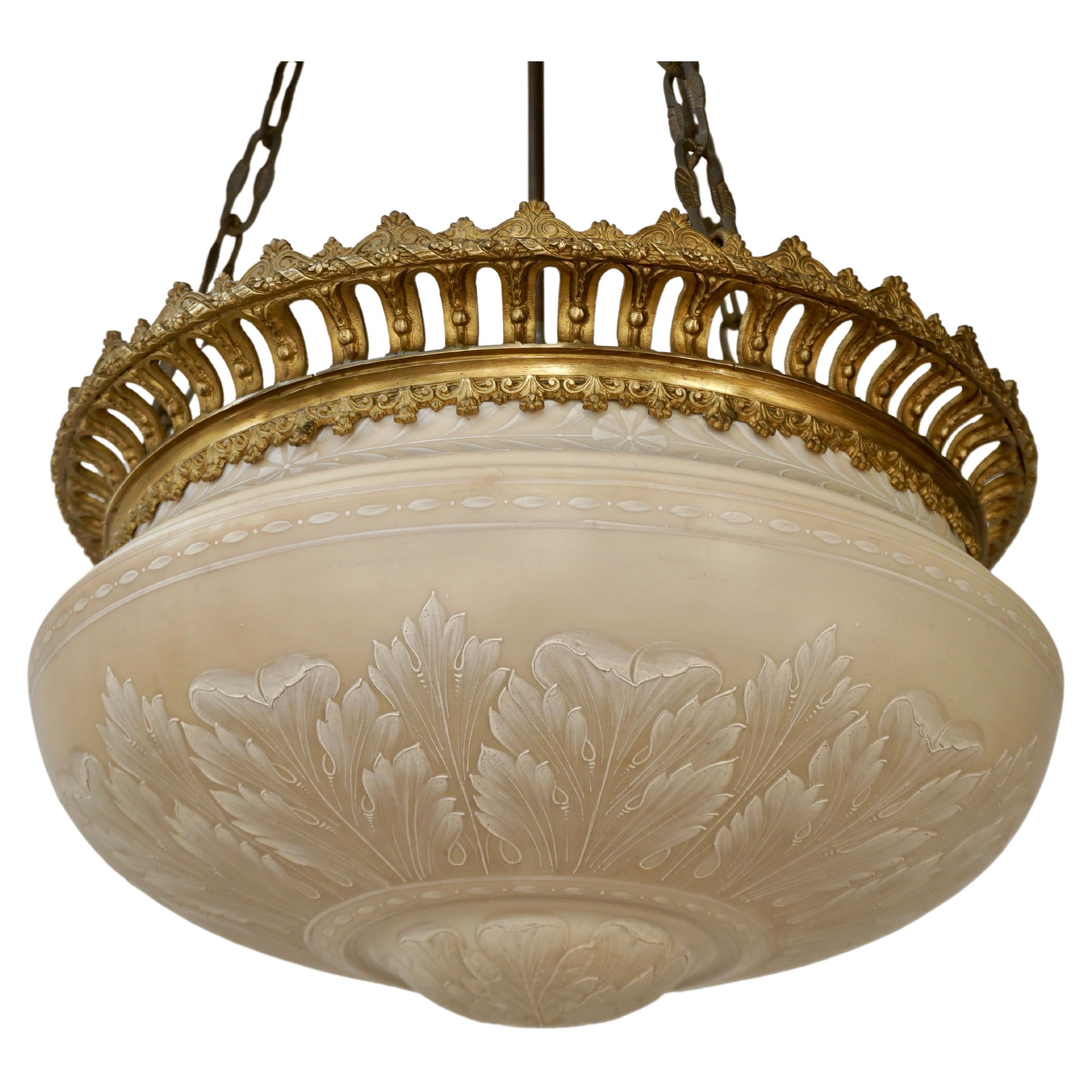 Superbe lustre à abat-jour ancien Lithophane, biscuit de porcelaine en vente