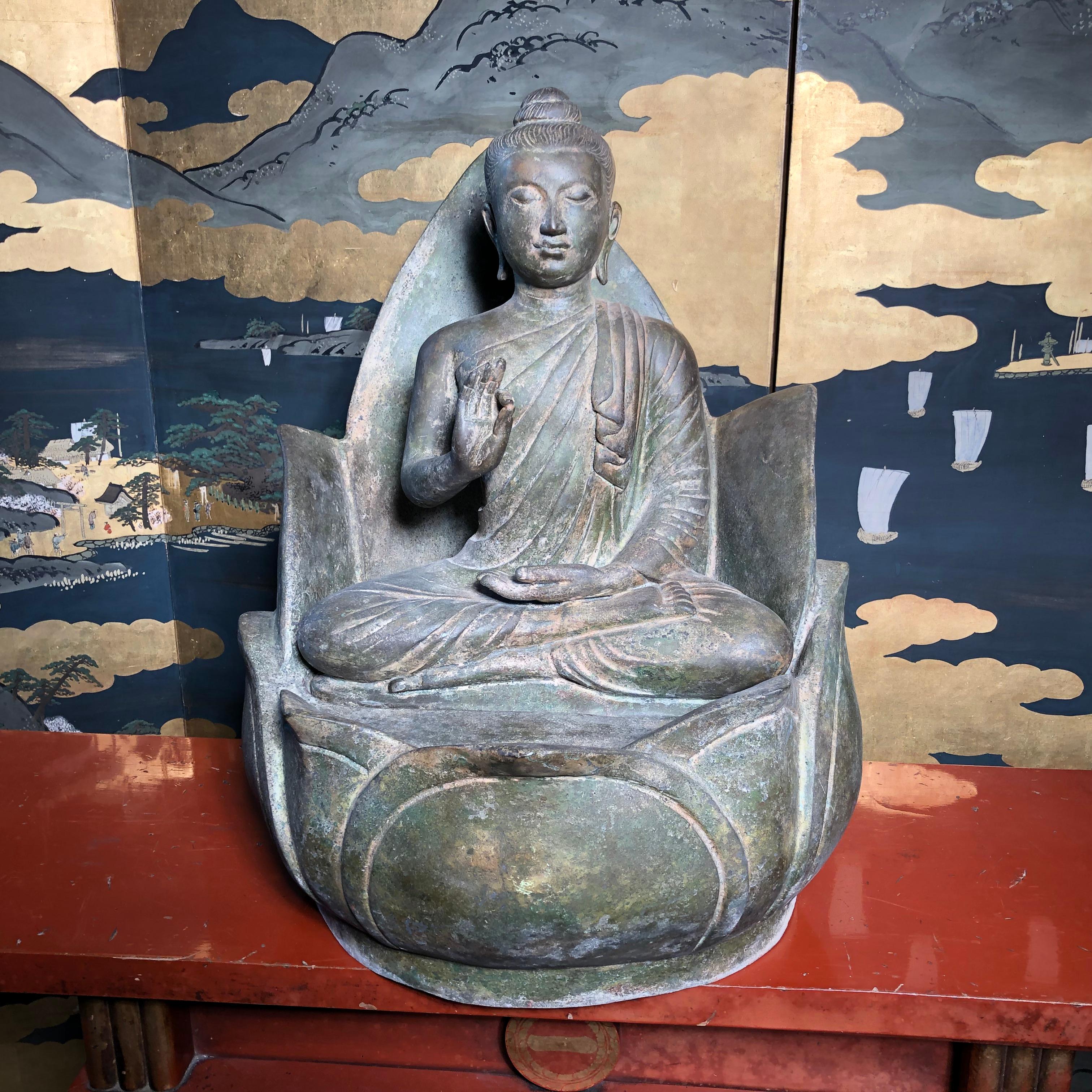 Patinated Superb Antique Lotus Protection Buddha, Hand Cast Bronze, 19th Century