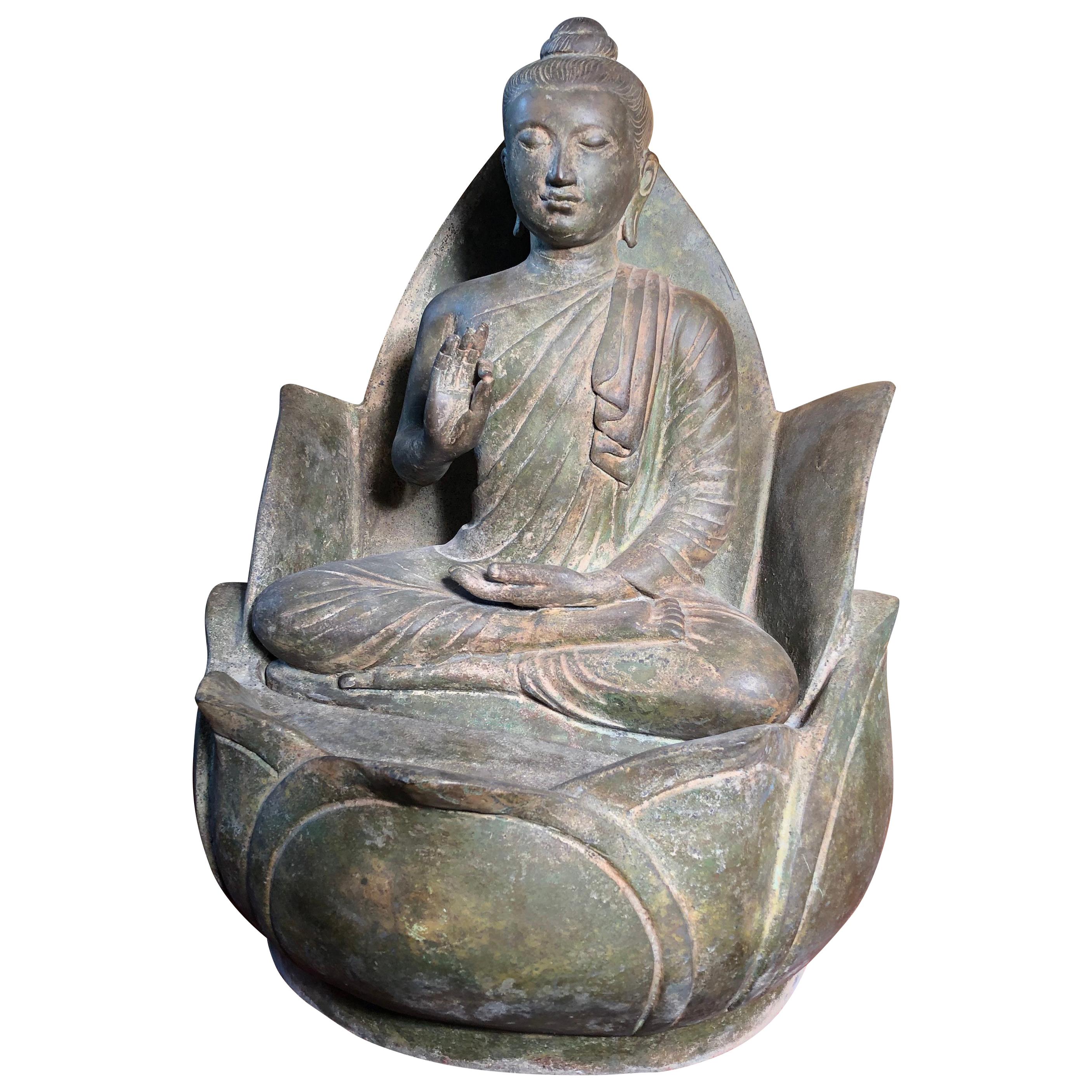 Superb Antique Lotus Protection Buddha, Hand Cast Bronze, 19th Century