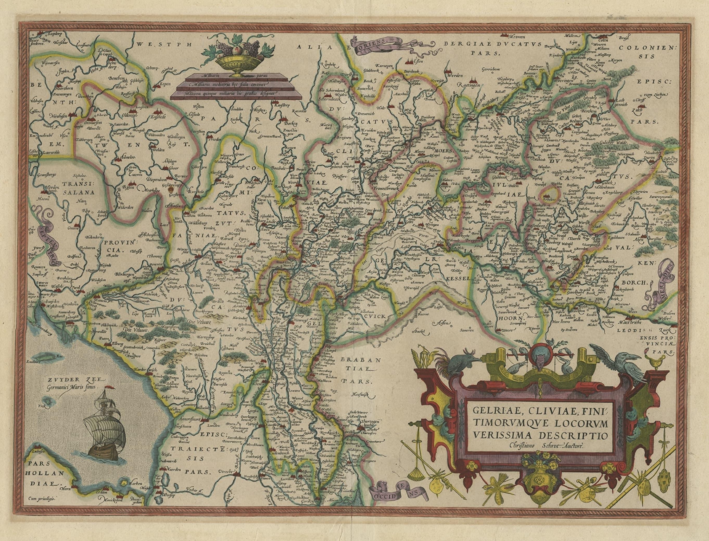 Antique map titled 'Gelriae, Cliviae, Finitimorumque Locorum Verissima Descriptio Christiano Schrot. Auctore'. 

This superb map is Ortelius' first plate covering Gelderland. It is based on Christiaan Sgrothen's map of 1567 and is richly engraved