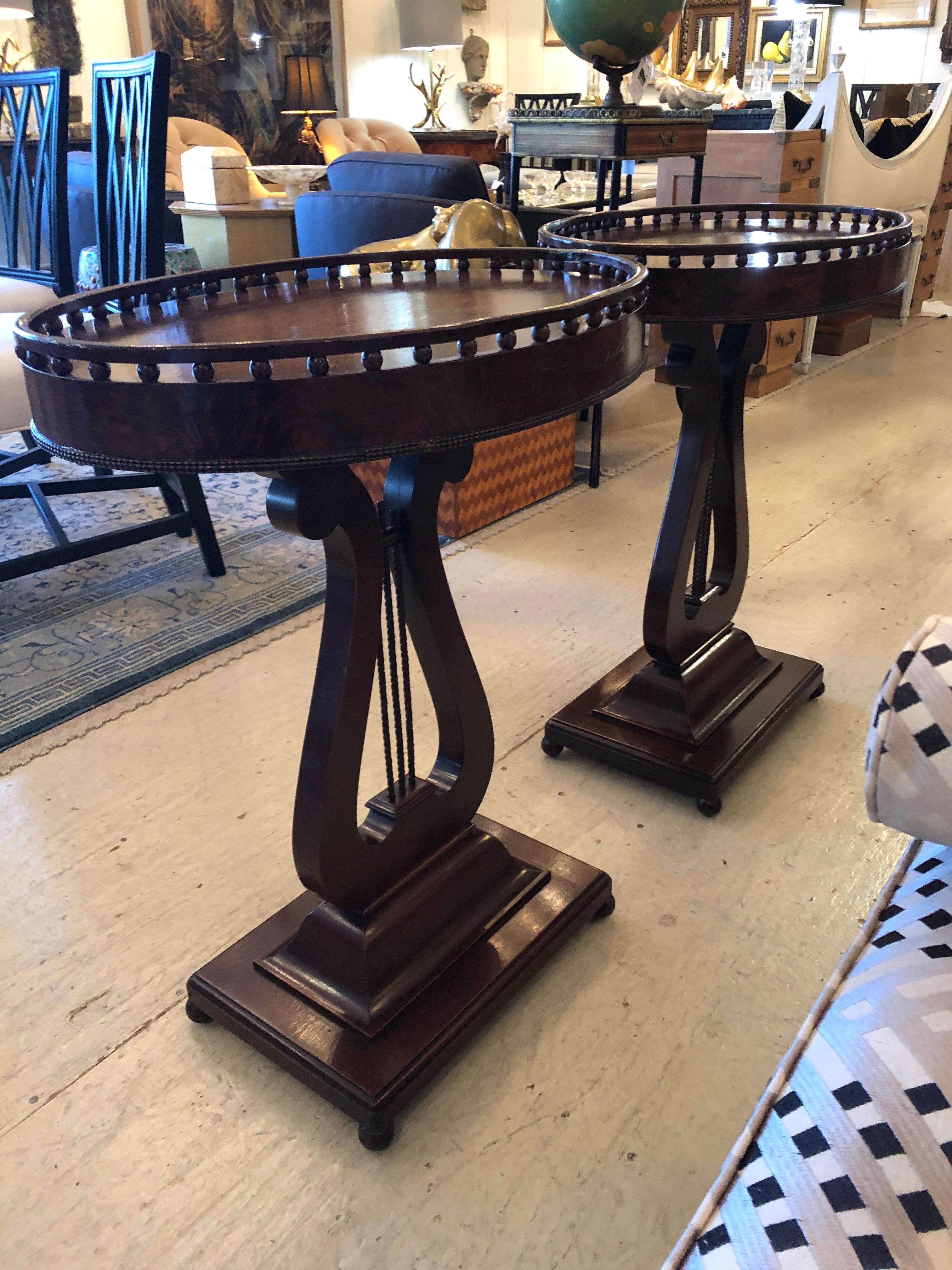 Superb Antique Neoclassical Oval Mahogany Side End Tables with Lyre Bases For Sale 1