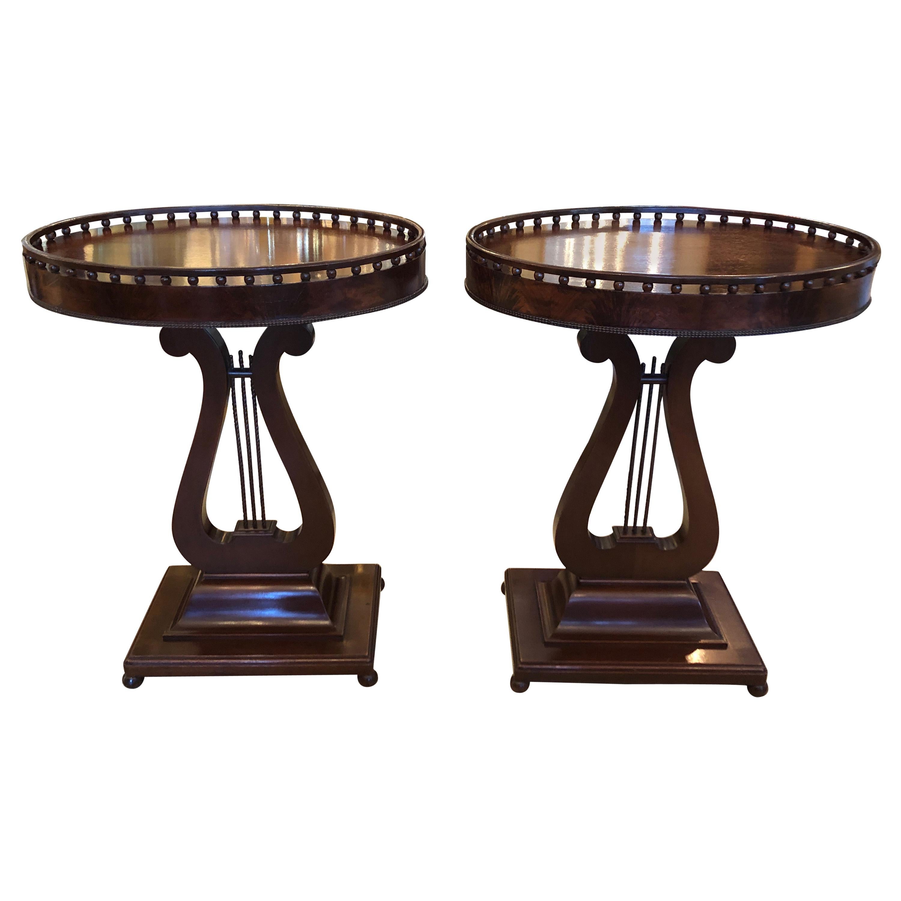 Superb Antique Neoclassical Oval Mahogany Side End Tables with Lyre Bases For Sale