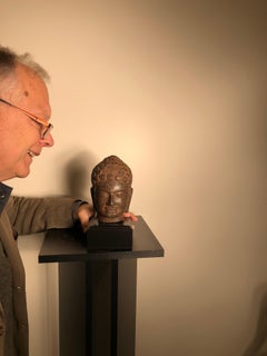 Superb Antique Peaceful Buddha Head, 18th Century with Custom Stand