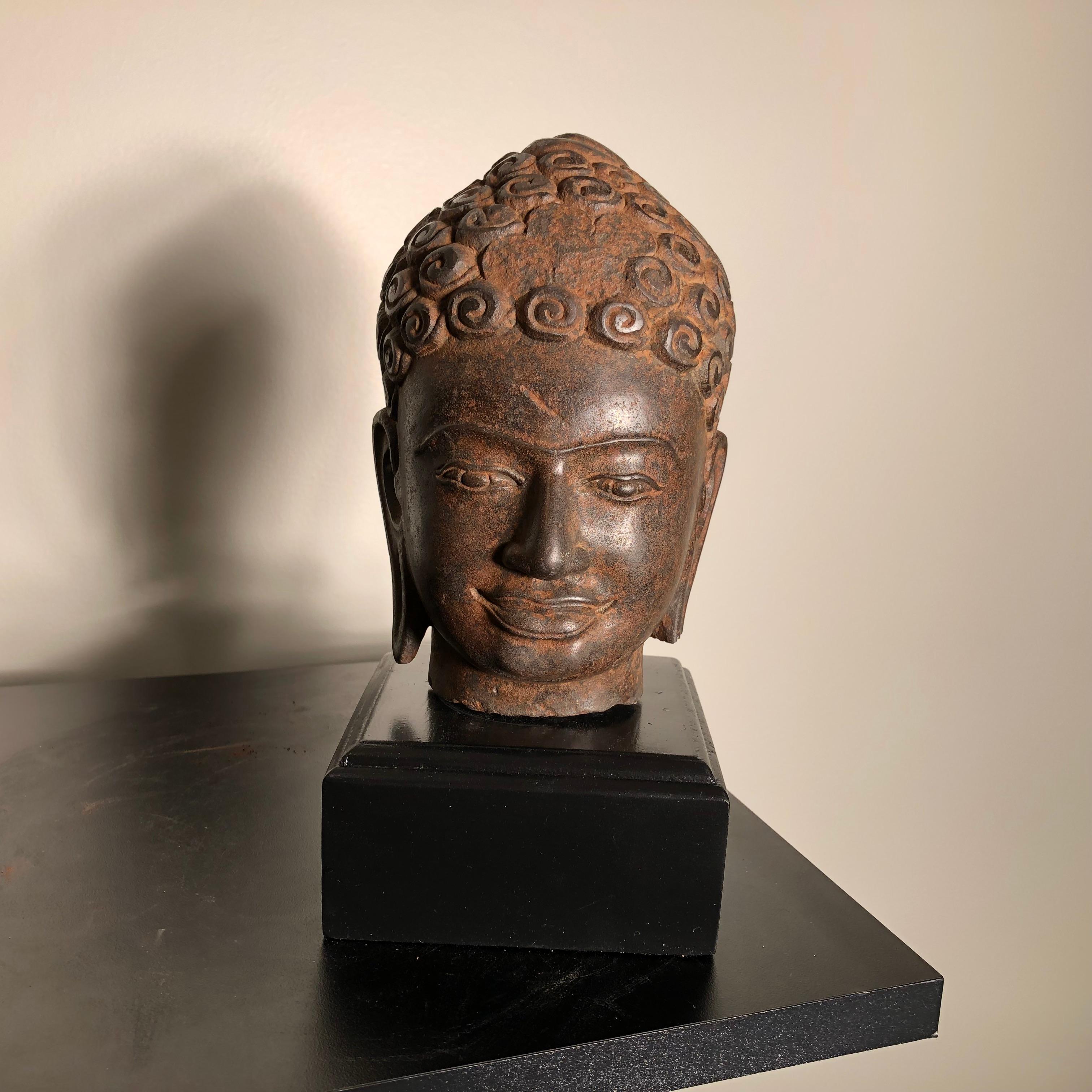 Thai Superb Antique Peaceful Buddha Head, 18th Century with Custom Stand