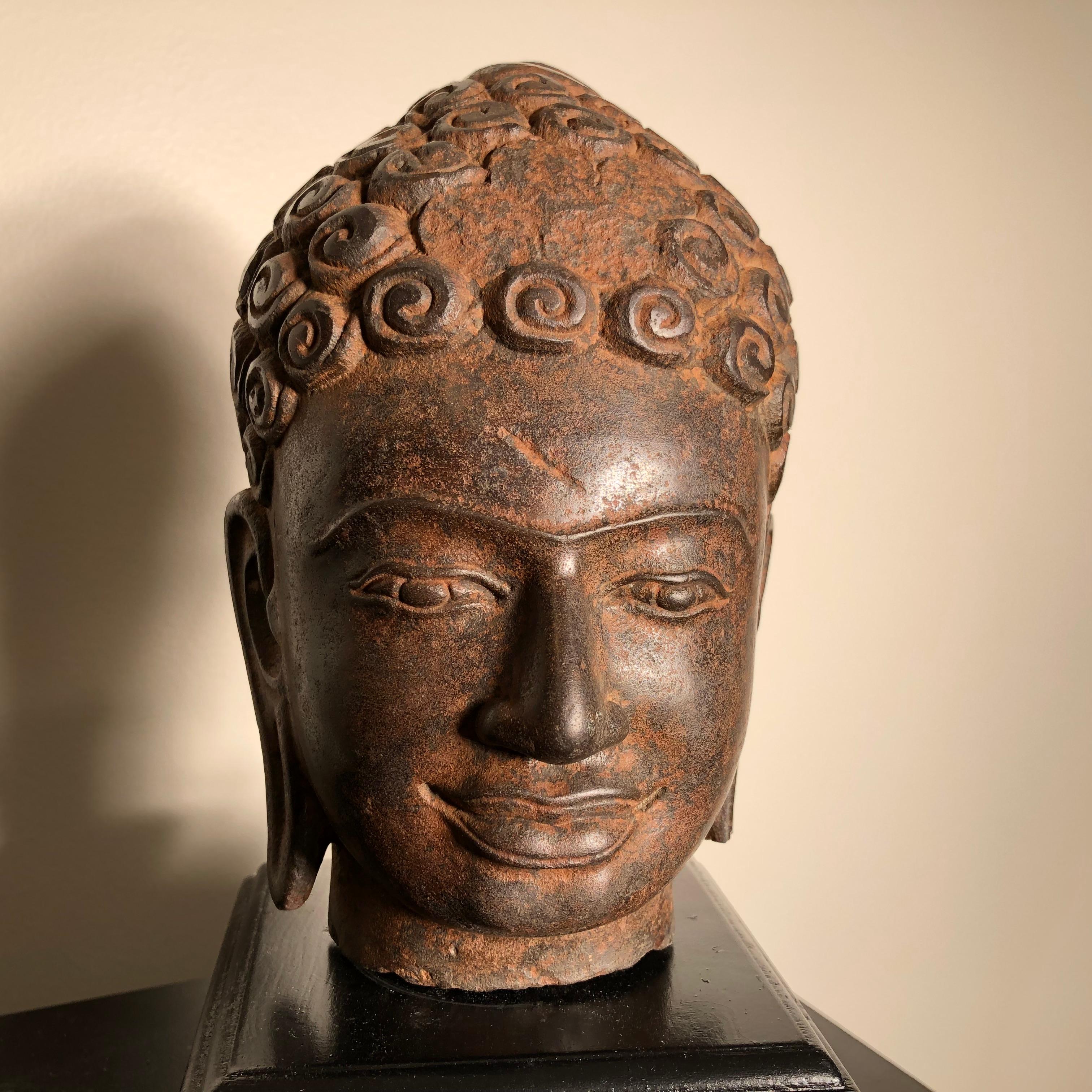 Hand-Carved Superb Antique Peaceful Buddha Head, 18th Century with Custom Stand