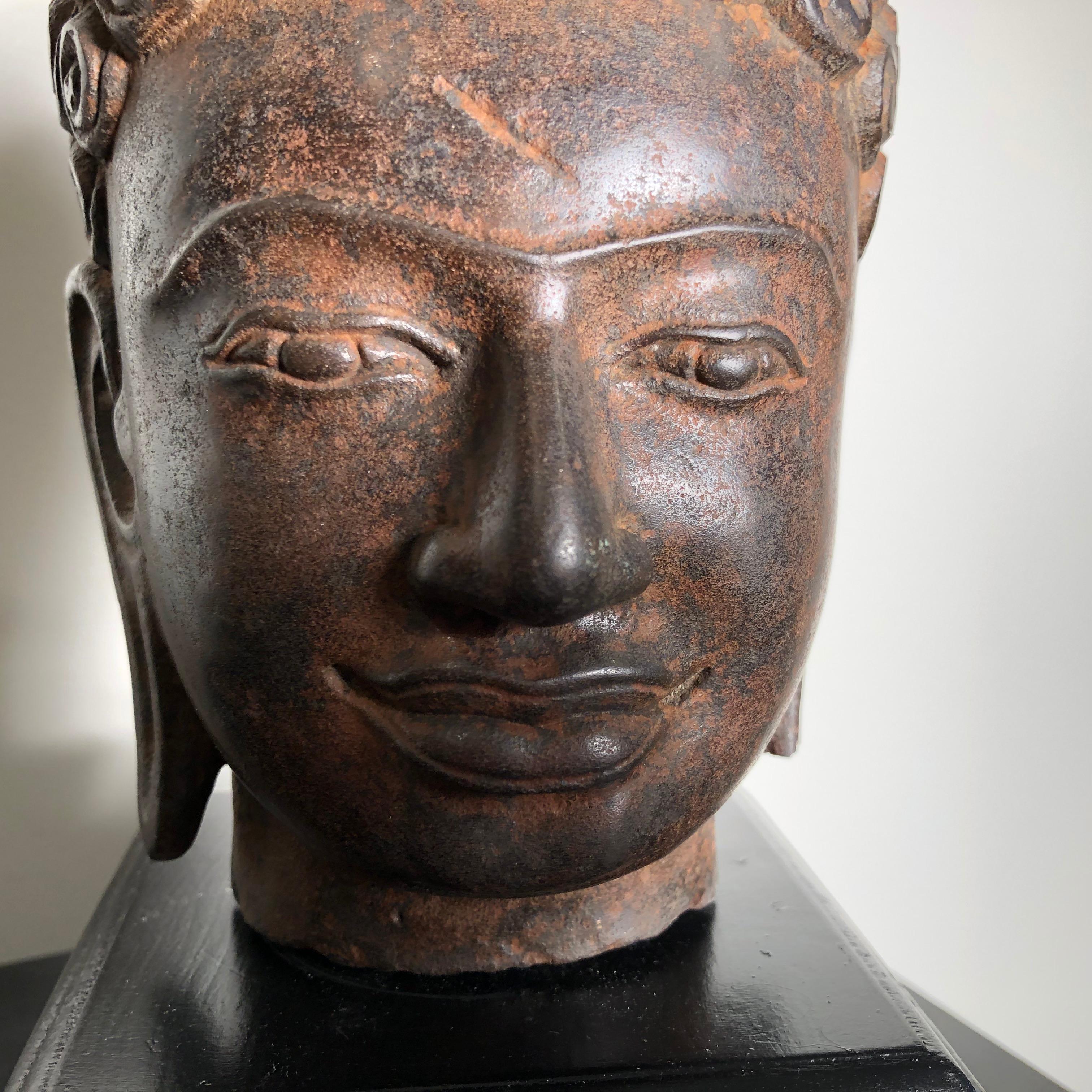 Superb Antique Peaceful Buddha Head, 18th Century with Custom Stand In Good Condition In South Burlington, VT