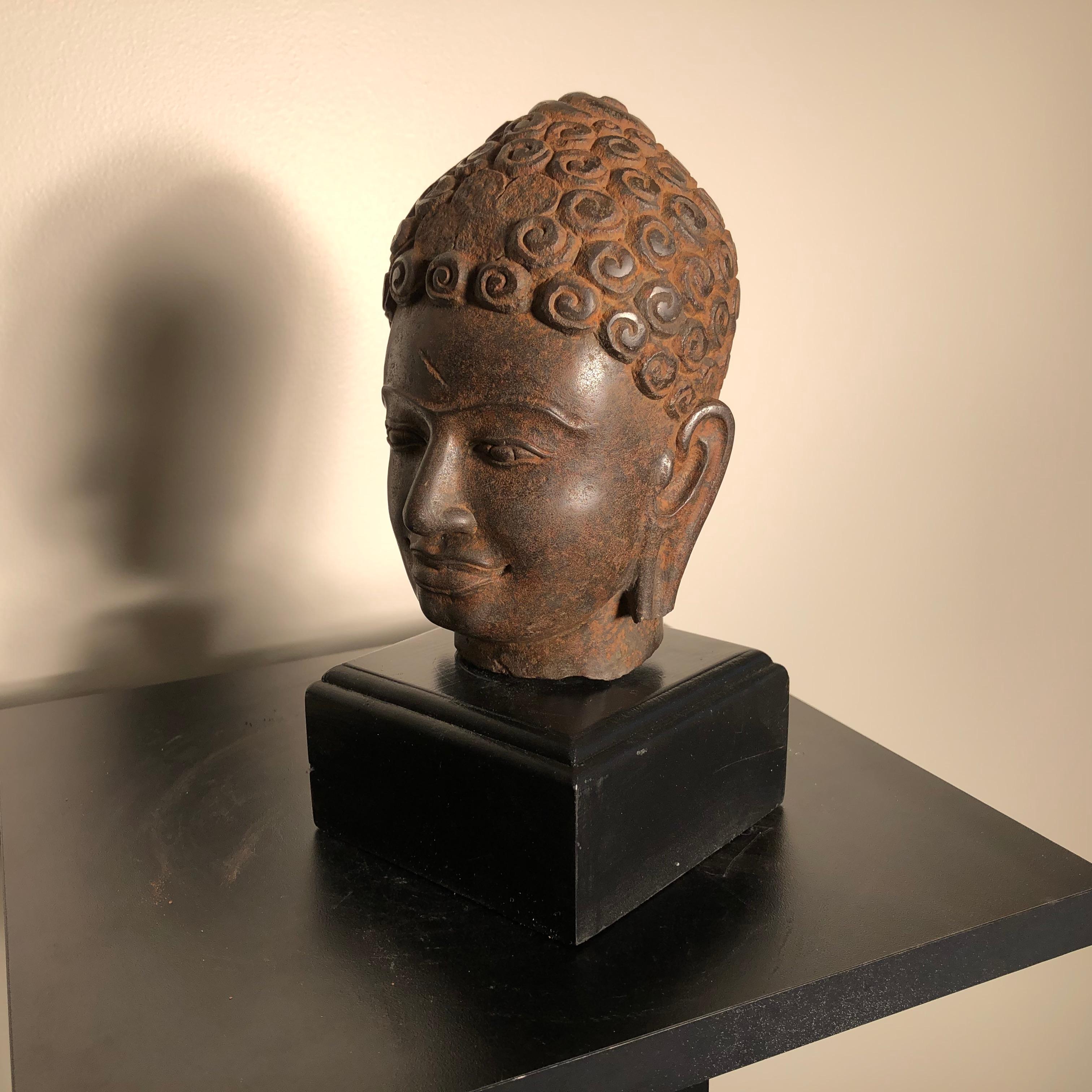 Stone Superb Antique Peaceful Buddha Head, 18th Century with Custom Stand