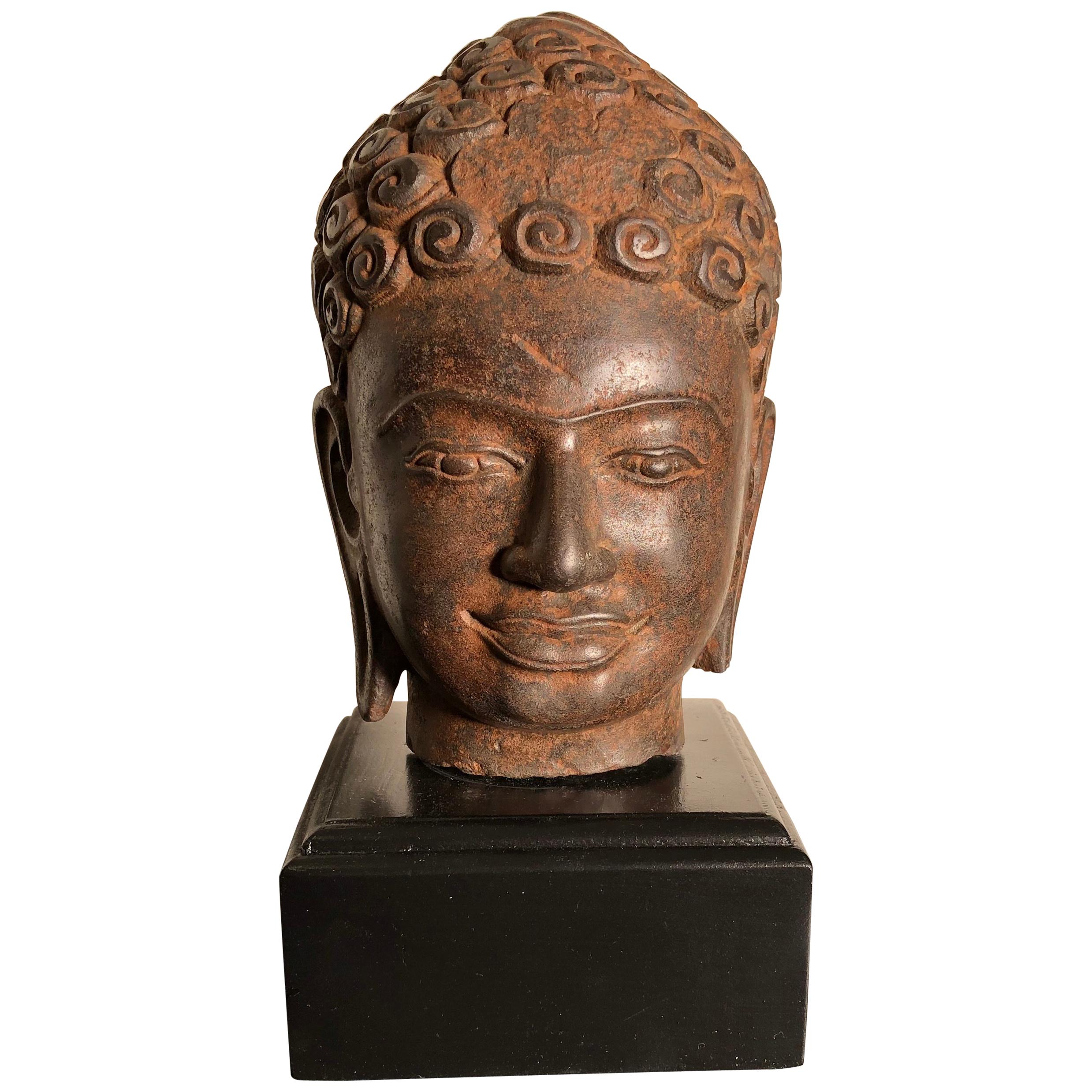 Superb Antique Peaceful Buddha Head, 18th Century with Custom Stand
