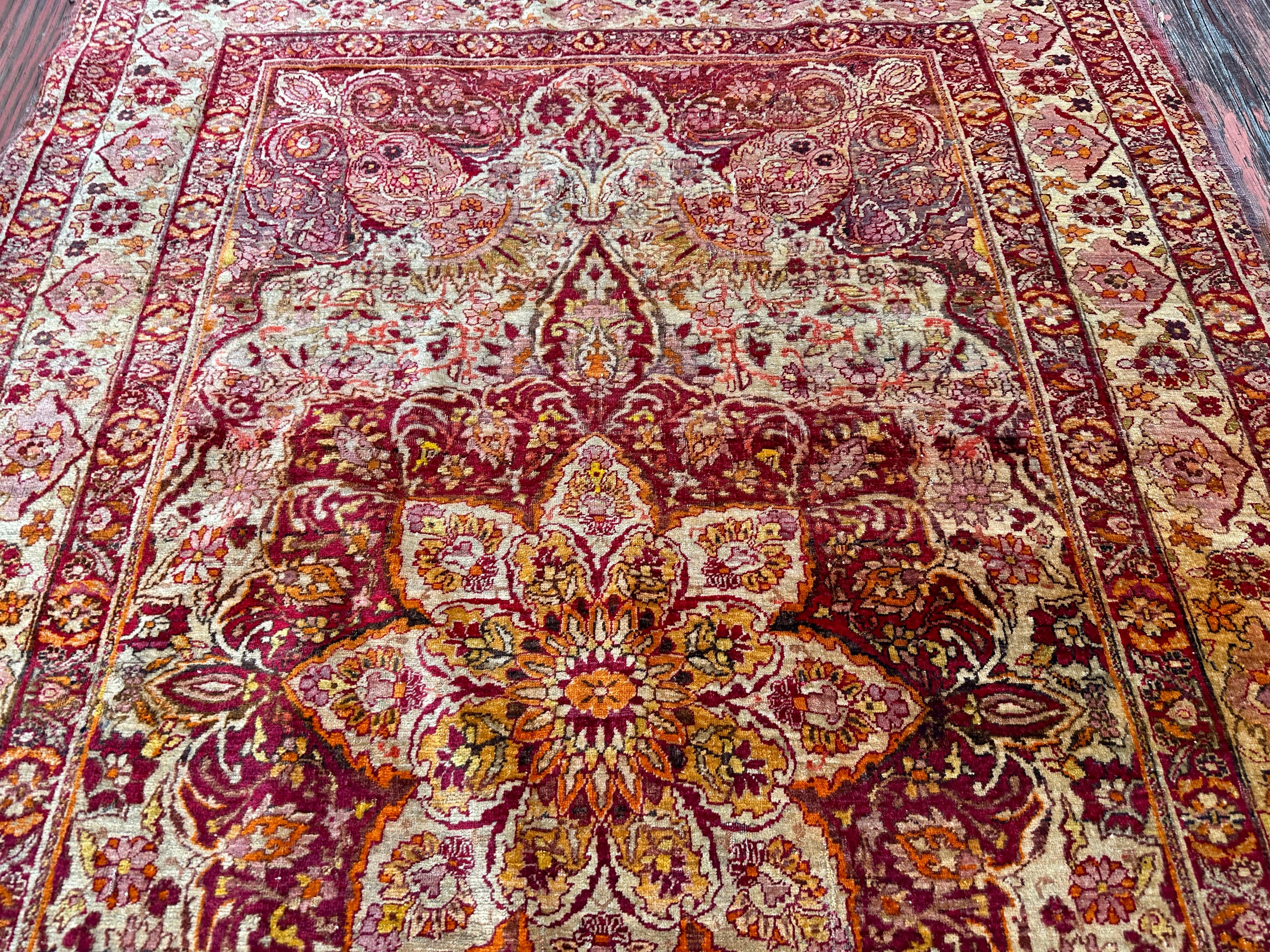 This is a SUPERB antique Persian Oriental rug Yazed (Kerman) from the mid 19th century in excellent condition.  No repairs! Untouched condition.  The rug is complete with nothing missing from the ends or the two sides.
This is the first time we see