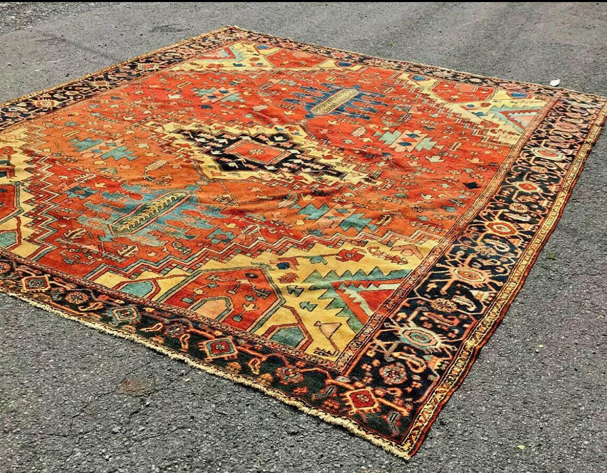 SUPERB Antique PERSIAN Heriz Serapi Rug circa 1850 - RR3270

This is the best Antique Persian SERAPI Rug made in the 1850s that you are likely to see! Great weaving, colors, and design. The wool pile is evenly low. This rug is cleaned and shampooed.