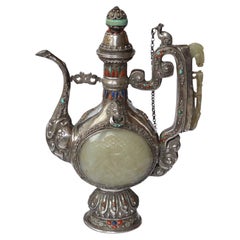 Superb Antique Tibetan Mongolian Silver Jade Ewer Asian Chinese Buddhist Art