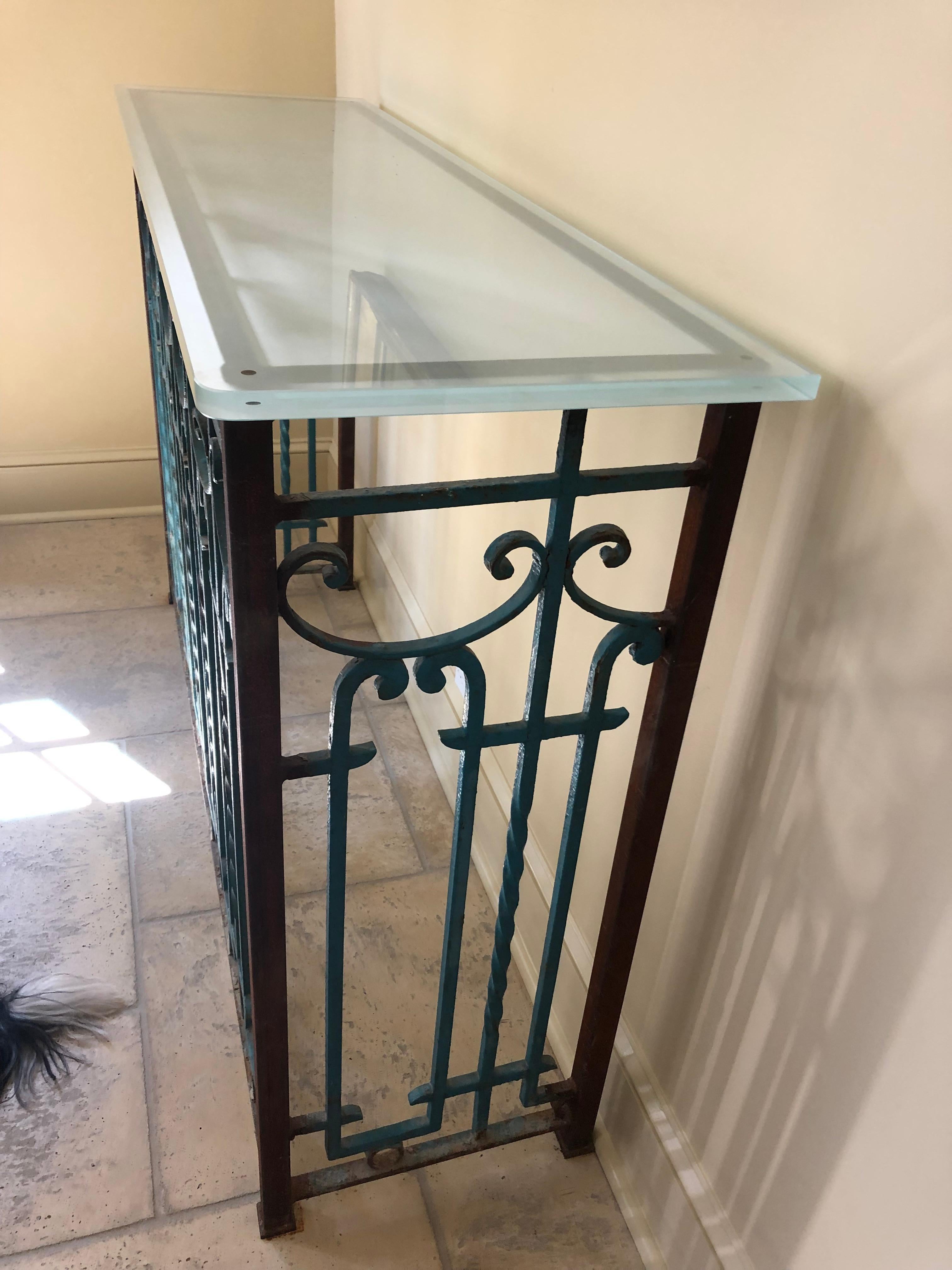 North American Superb Architectural Wrought Iron and Glass Console Table
