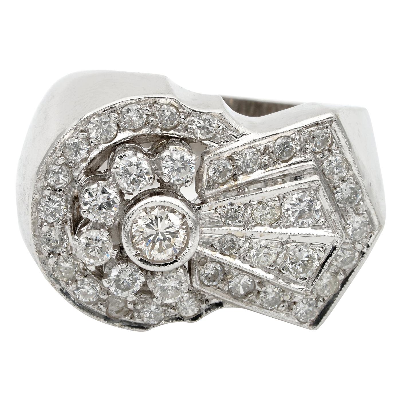 Superb Art Deco 1.73 Carat Diamond Huge and Bold Buckle Ring For Sale