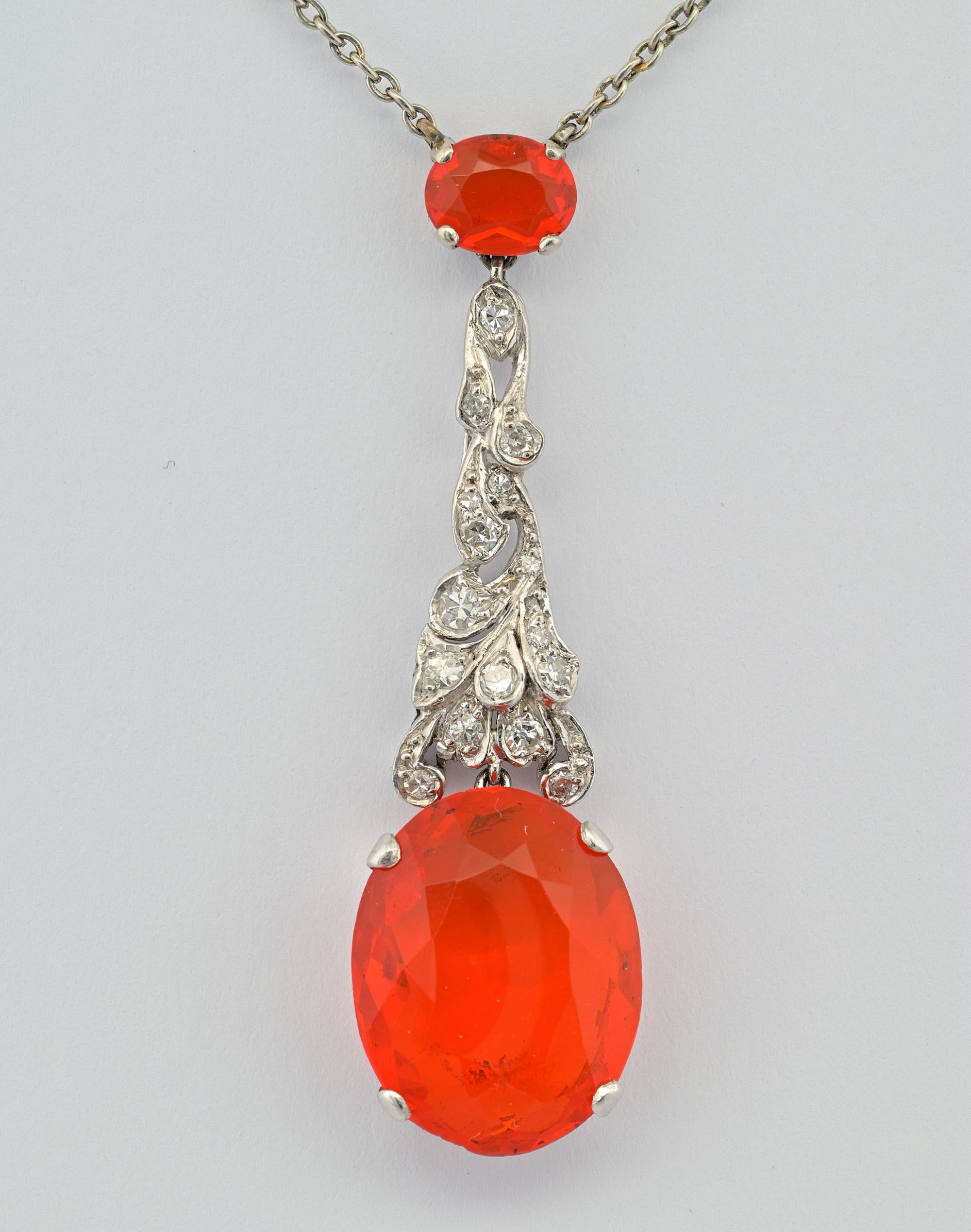 This timeless treasure from the Art deco pendant with dedicated chain plus chain has been hand crafted of solid 18 KT white gold, 1925/30 circa
It boasts an amazing pendant set with a large natural Fire Opal Pear cut with astounding Red Fire color