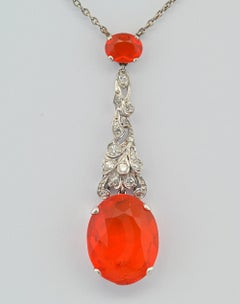 Superb Art Deco 7.70 Ct Fire Opal Diamond Necklace 18 KT