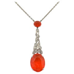 Superb Art Deco 7.70 Ct Fire Opal Diamond Necklace 18 KT