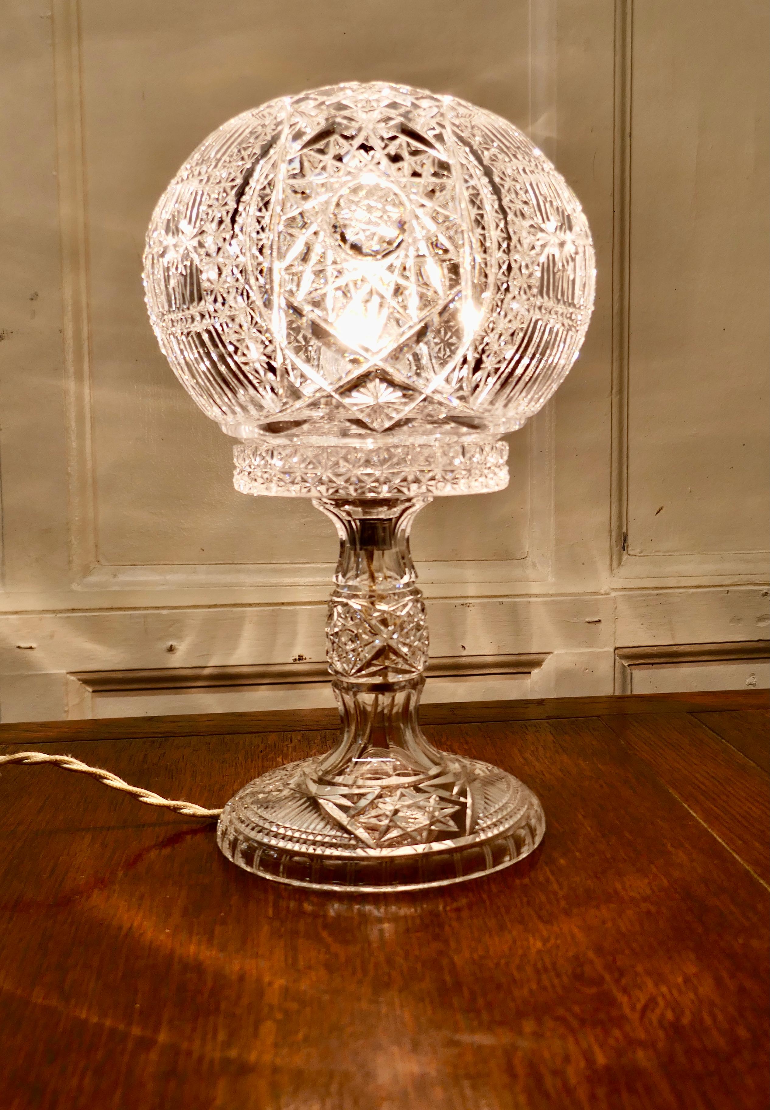 Superb Art Deco Cut crystal mushroom table lamp 

This is a very pretty duet, the base of the lamp has a slightly bulbous stem with a stunning hand cut crystal shade 

All the old wiring has been removed and replaced with new
The lamp and shade