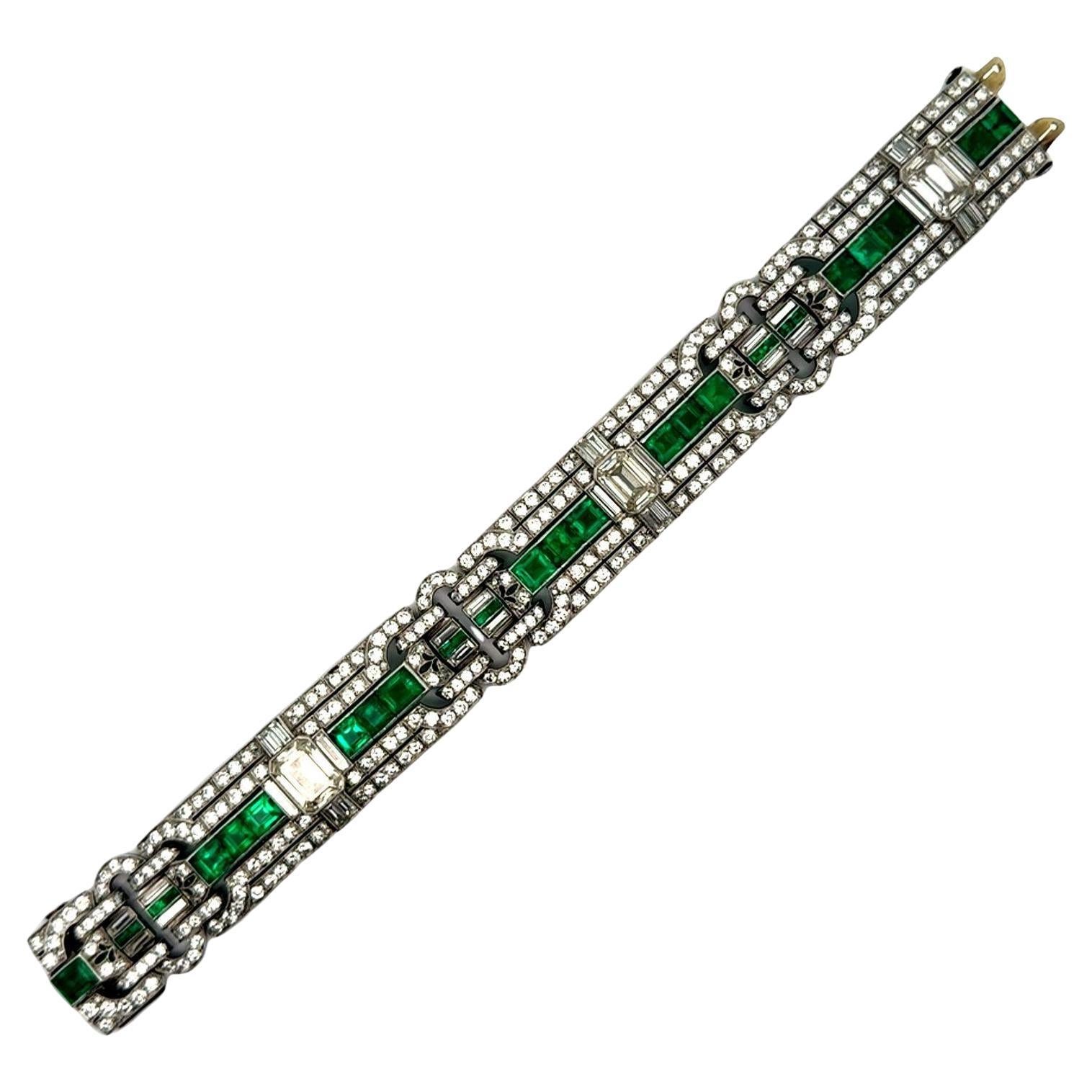 Superb Art Deco Diamond Emerald Platinum Bracelet, Circa 1929