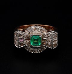 Superb Art Deco Emerald and Diamond Bow Ring