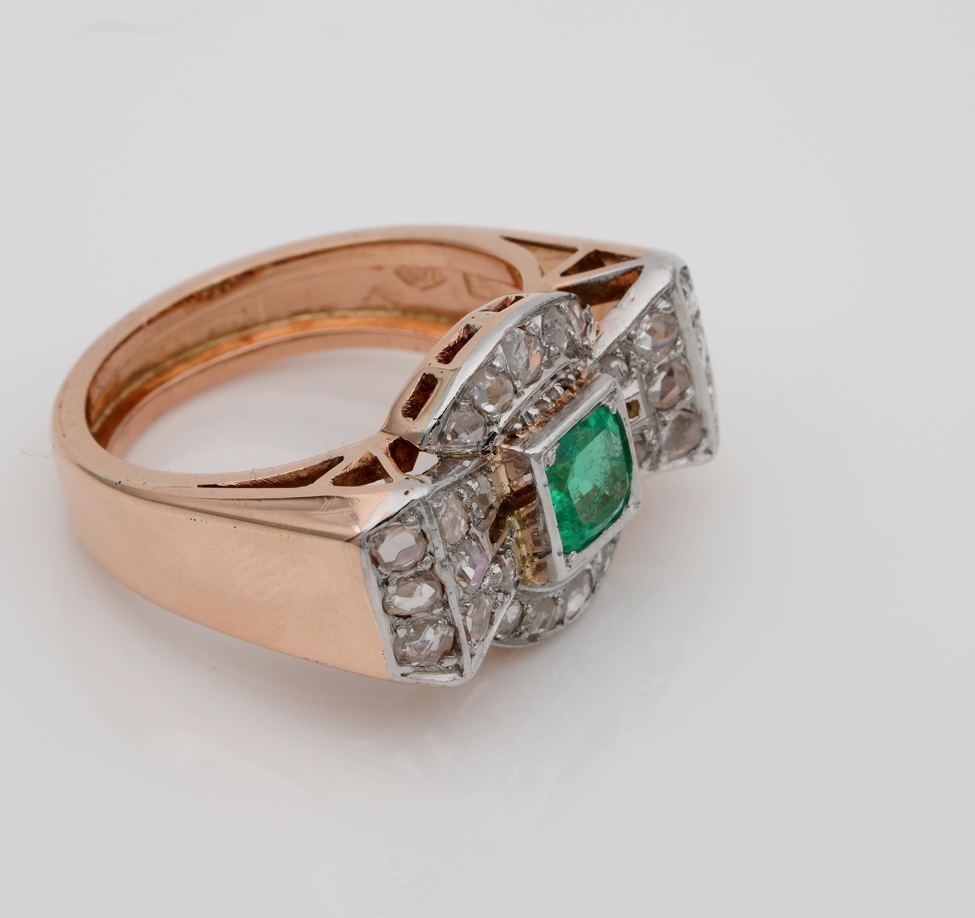 Emerald Cut Superb Art Deco Emerald and Diamond Bow Ring For Sale