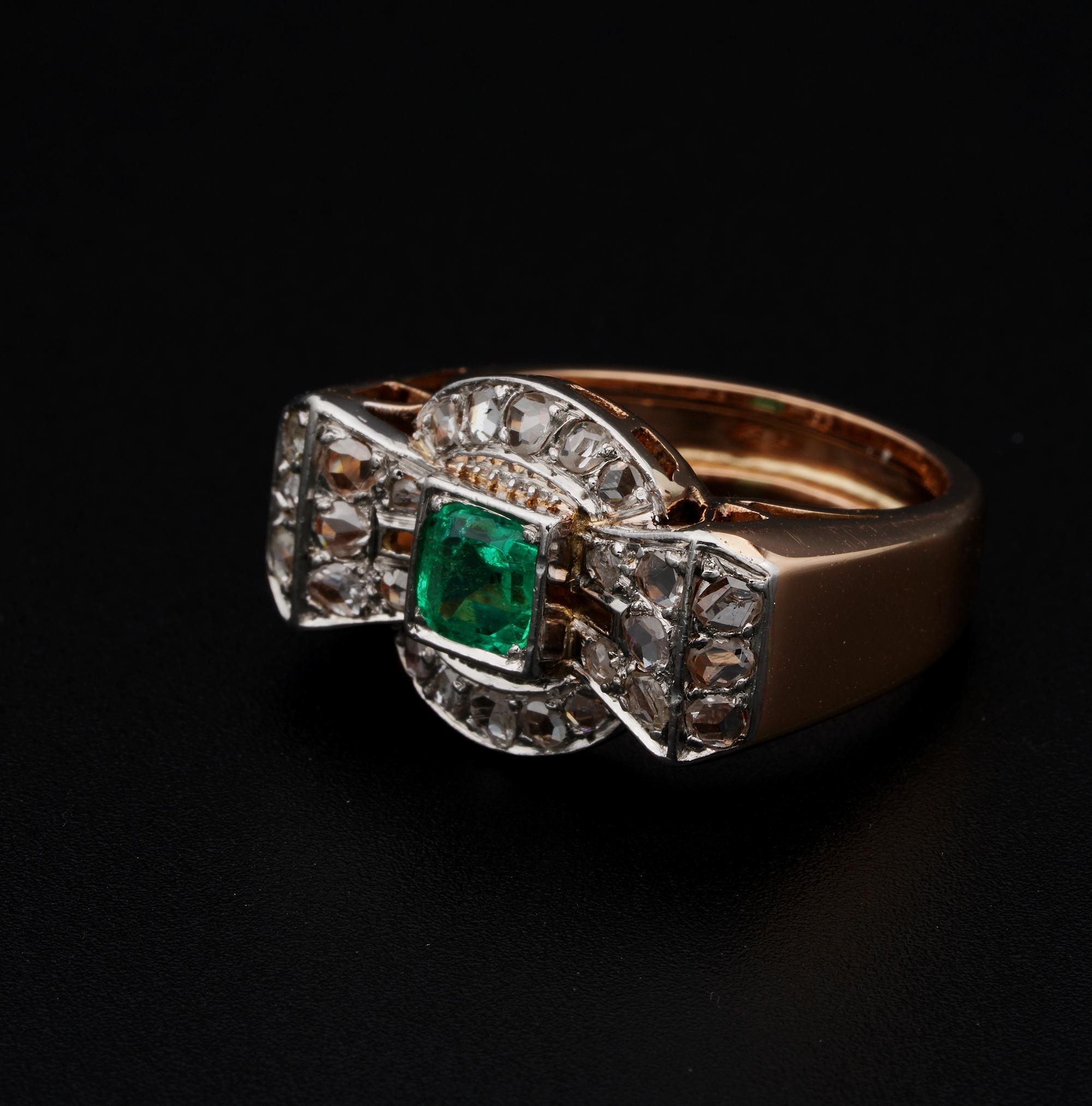 Superb Art Deco Emerald and Diamond Bow Ring For Sale 1