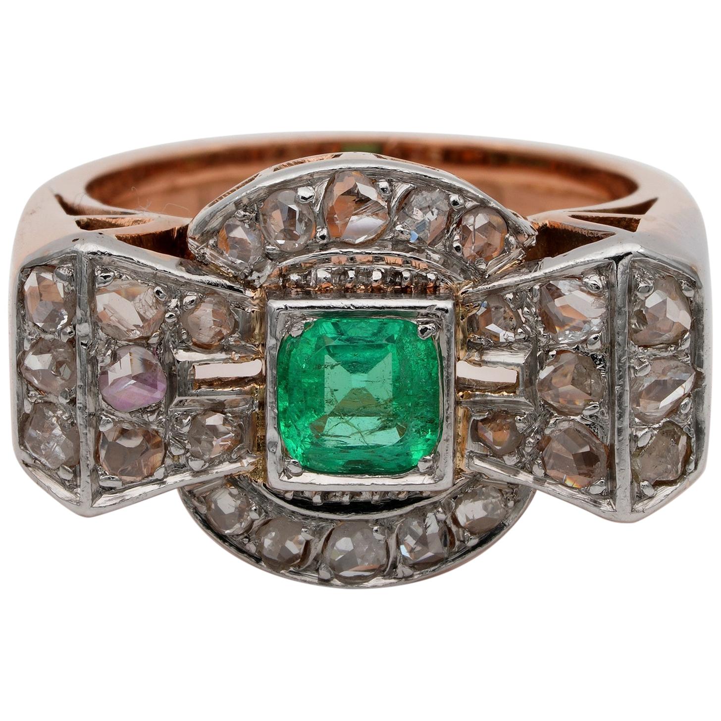 Superb Art Deco Emerald and Diamond Bow Ring For Sale