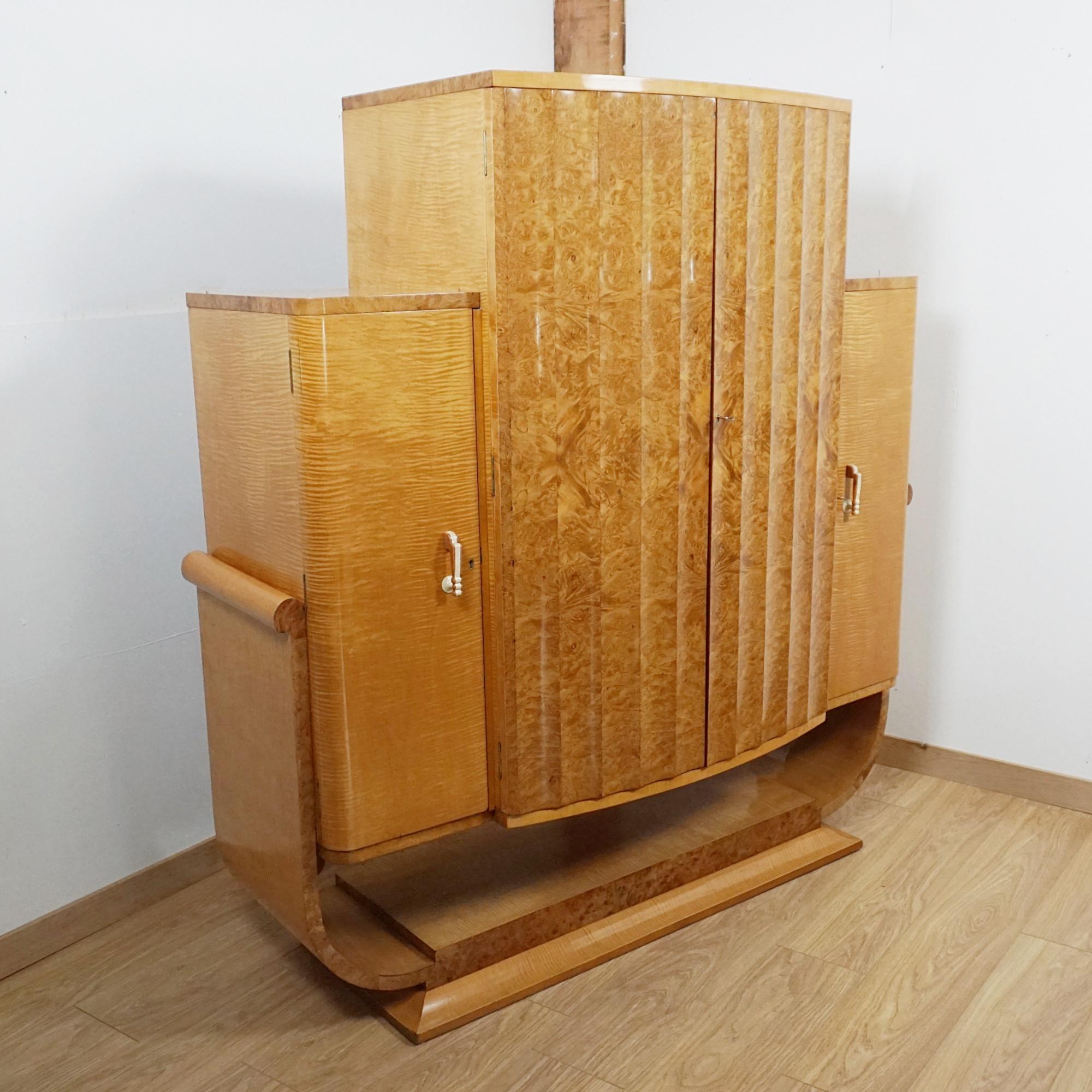 English Superb Art Deco Satin Birch and Walnut Cocktail Cabinet For Sale