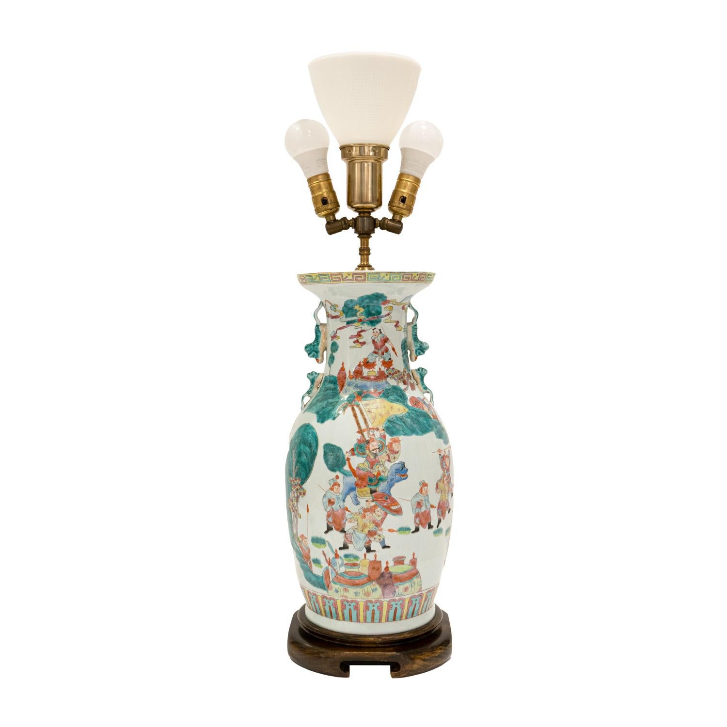 Hand-Crafted Superb Artisan Chinese Porcelain Table Lamp on Carved Wood Base 1960s For Sale
