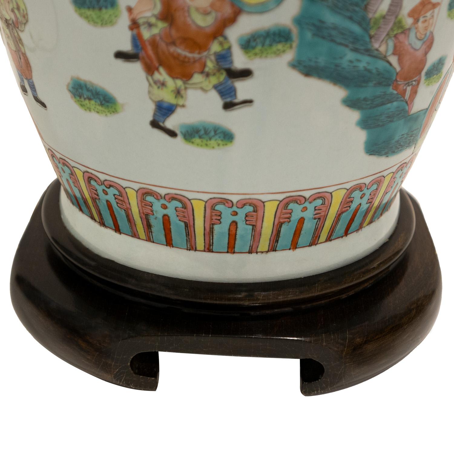 Brass Superb Artisan Chinese Porcelain Table Lamp on Carved Wood Base 1960s For Sale
