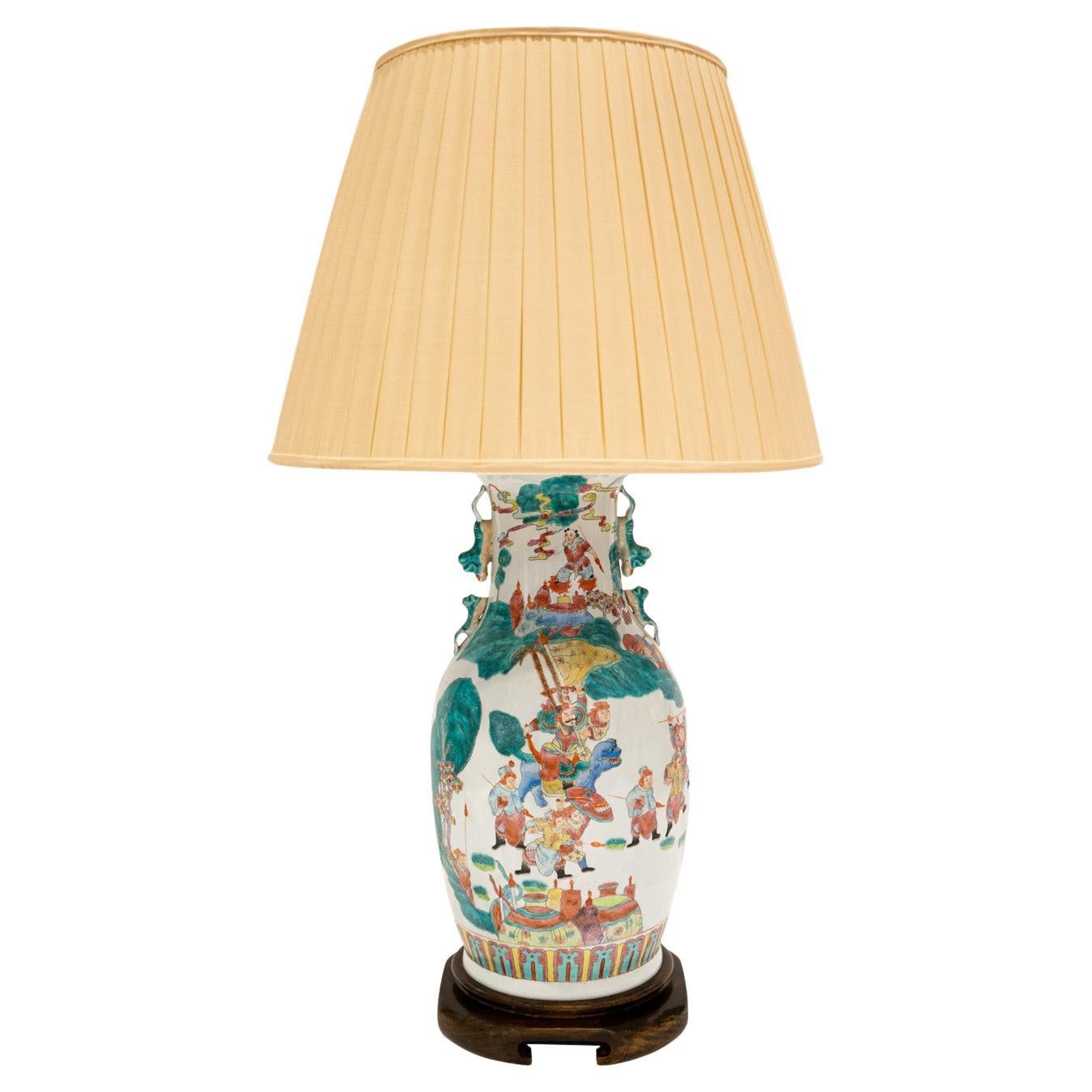 Superb Artisan Chinese Porcelain Table Lamp on Carved Wood Base 1960s For Sale