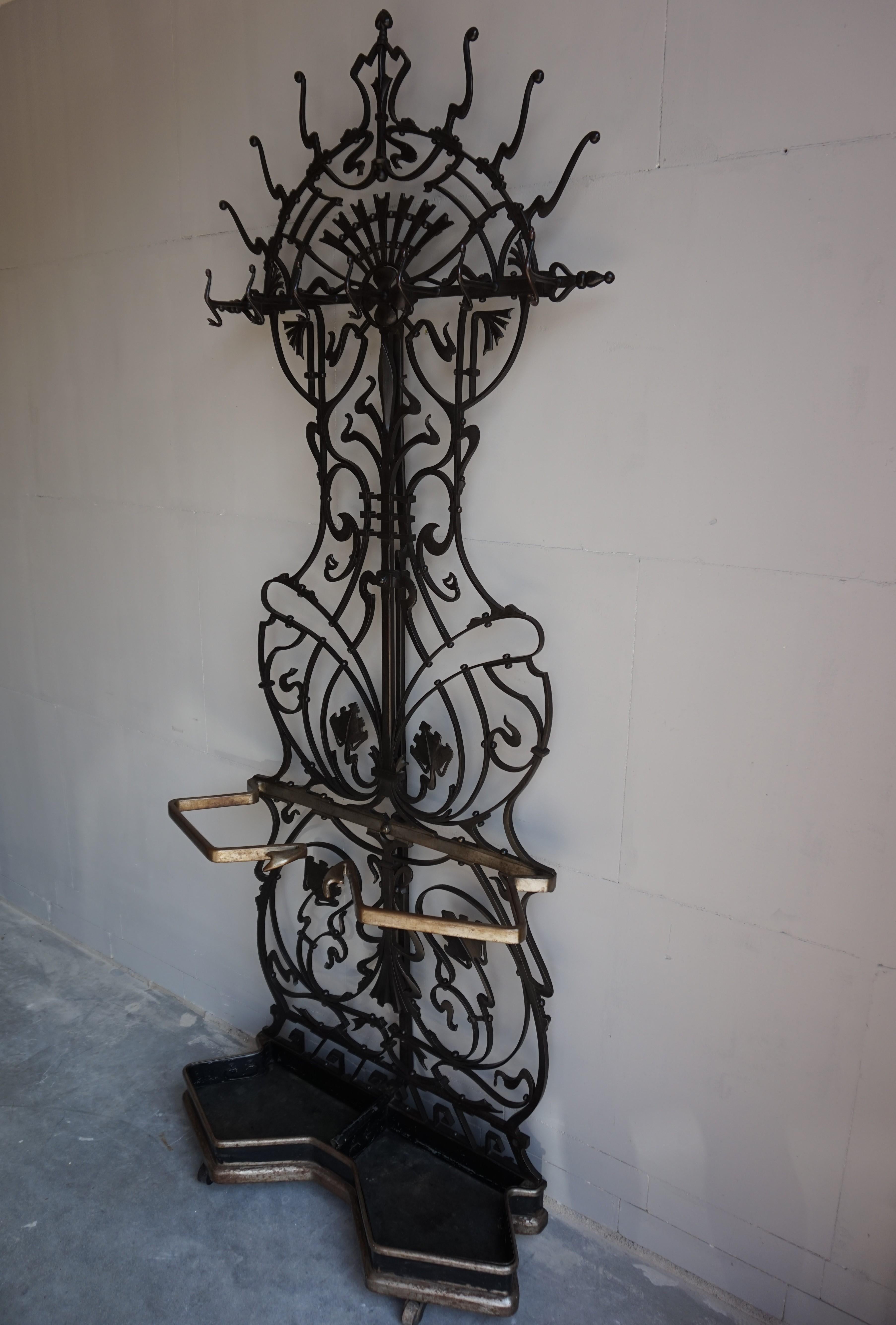 Superb Arts & Crafts Hand Forged Wrought Iron Hall Coat Rack and Umbrella Stand For Sale 6
