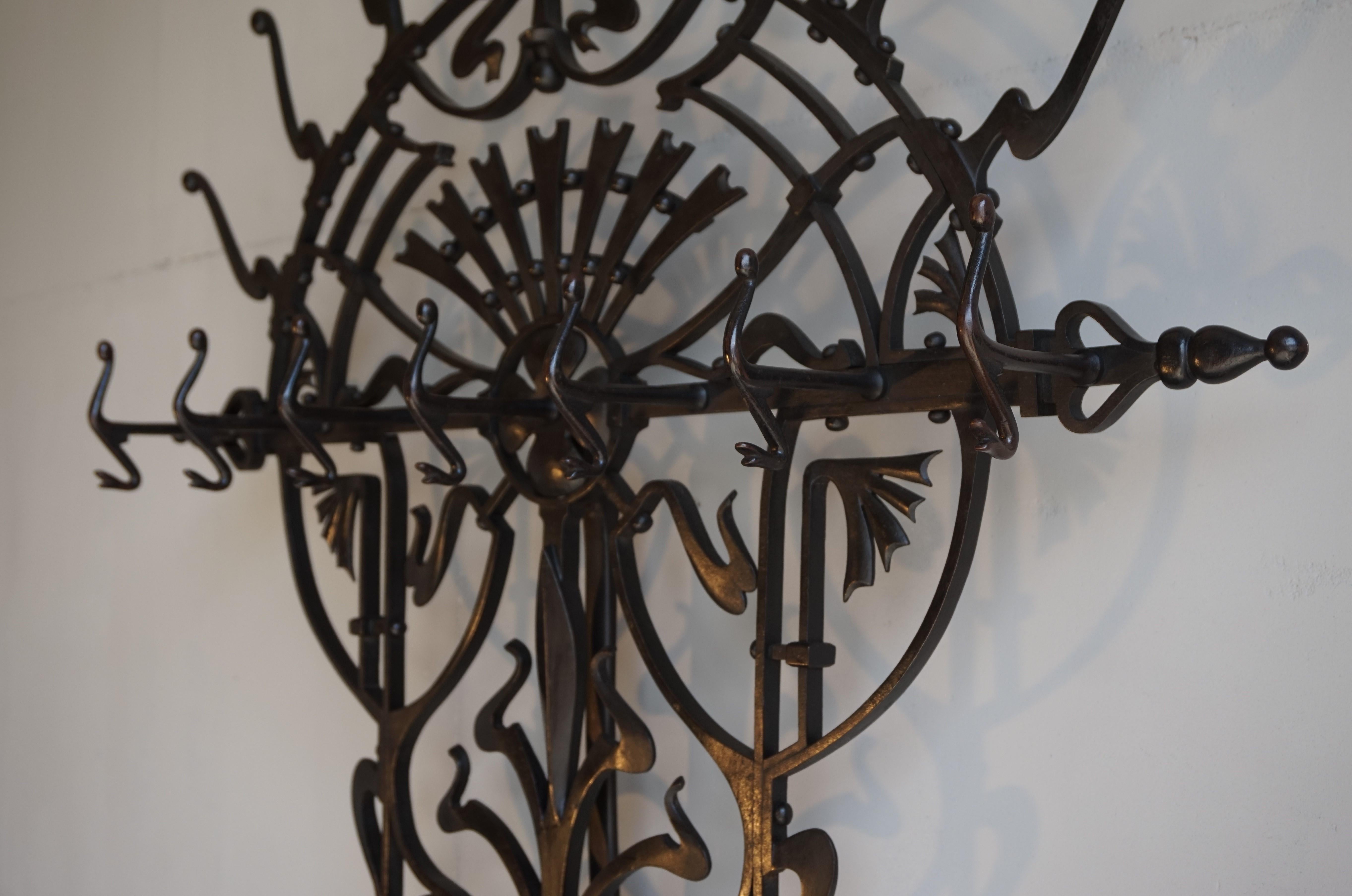 Superb Arts & Crafts Hand Forged Wrought Iron Hall Coat Rack and Umbrella Stand For Sale 11