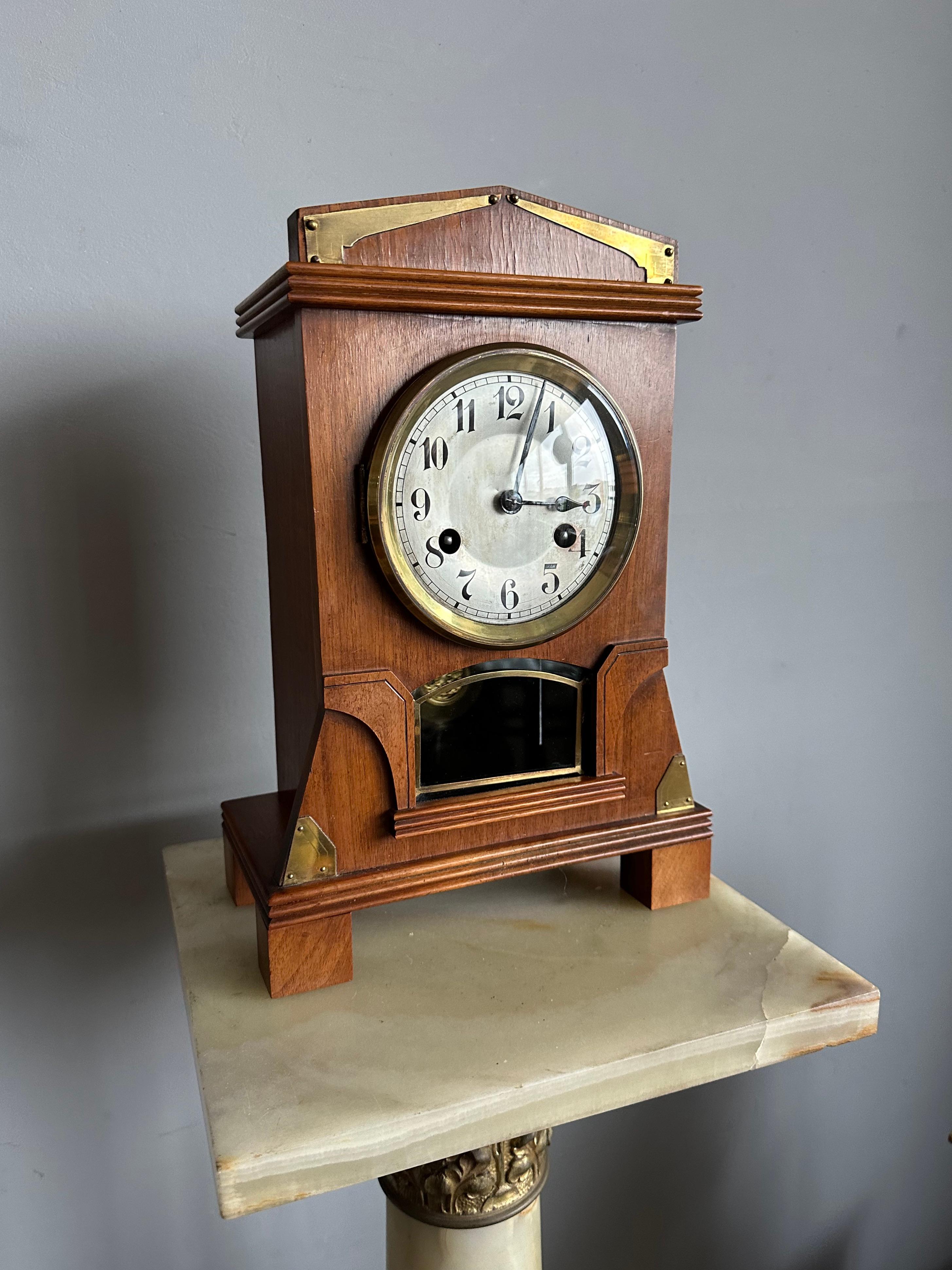 Superb Arts and Crafts Nutwood and Brass Pendulum / Table Clock or Desk Clock For Sale 7