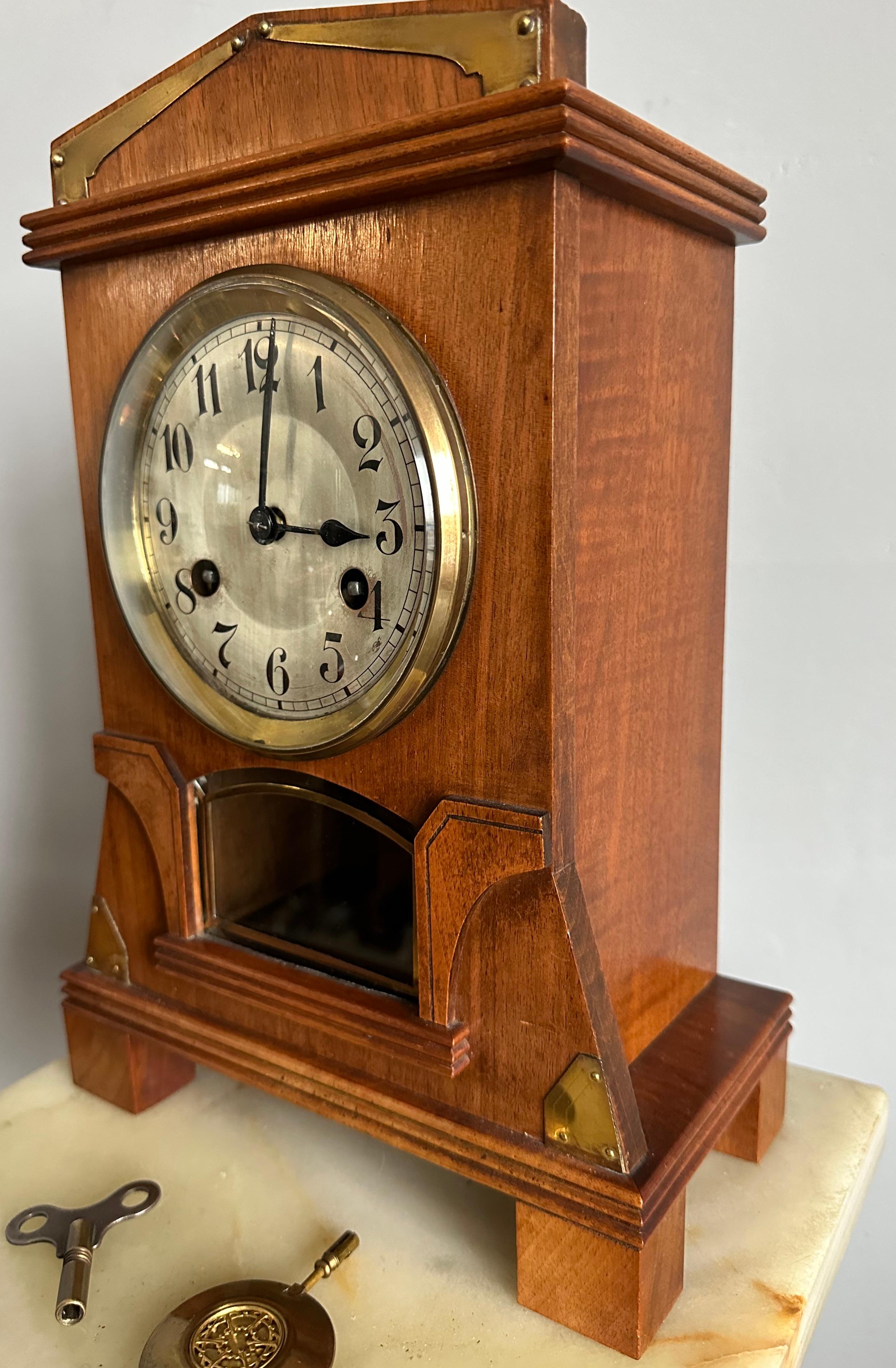 Superb Arts and Crafts Nutwood and Brass Pendulum / Table Clock or Desk Clock For Sale 9
