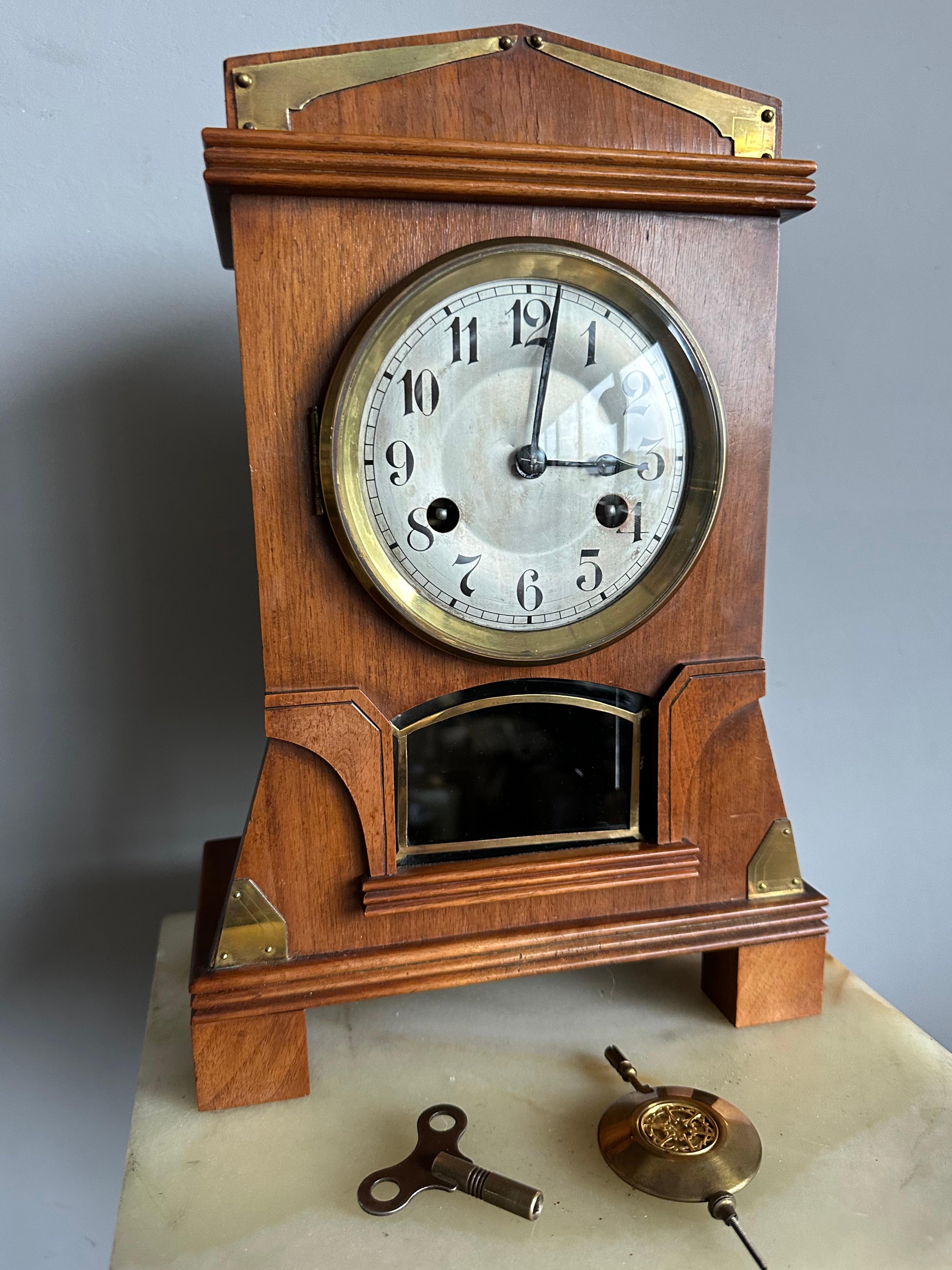 Beautiful and stylish clock, in good working order.

If you are looking for an exceptionally designed clock from the Arts & Crafts era then this rare mantel clock could be yours to enjoy soon. You will rarely find a table clock from the Arts &